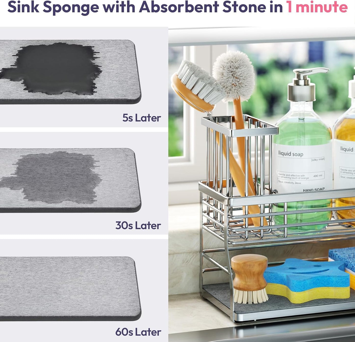 SWTYMIKI Kitchen Sink Caddy Organizer, 2 Tier Sponge Holder for Kitchen Sink with Instant Drying Stone, Removable Brush Holder for Fast Drying on Countertop, Silver
