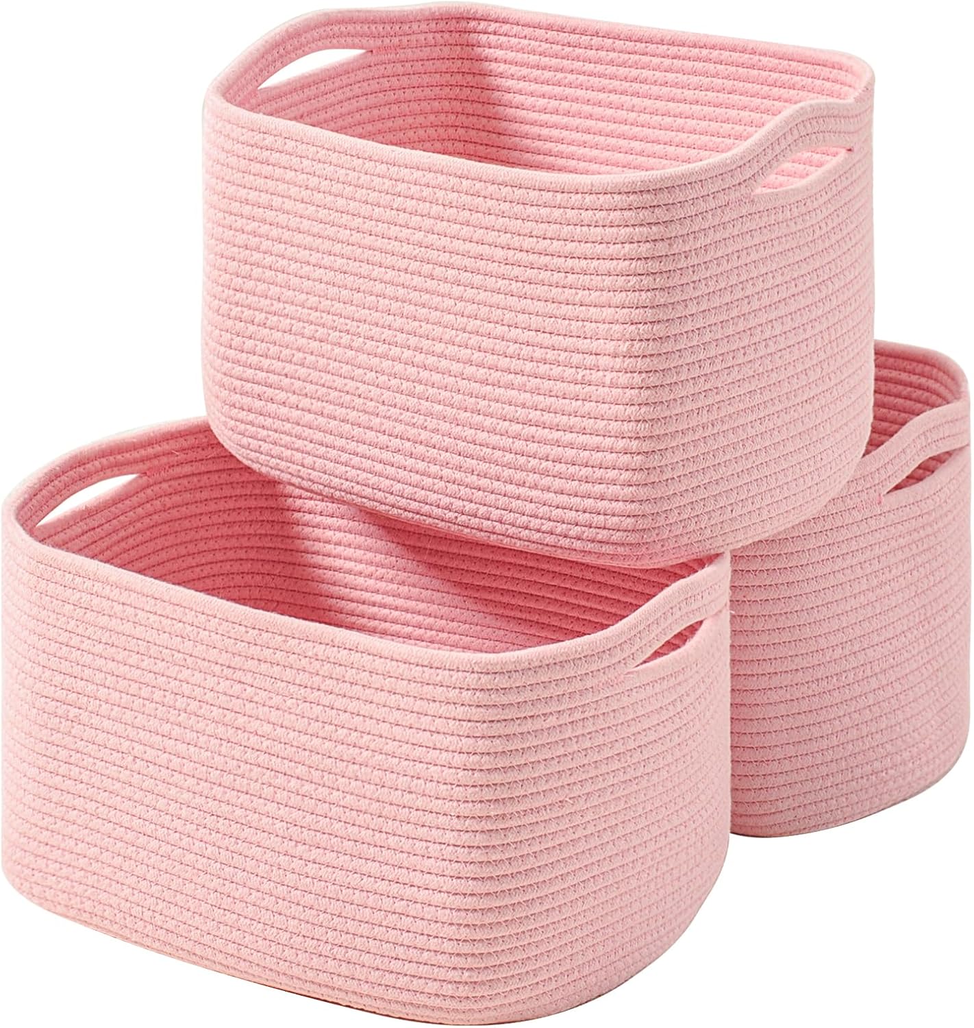Storage Baskets for Organizing Shelves, Pink Basket for Nursery, Woven Cotton Rope Baskets for Storage, Towel Basket for Bathroom, 15"x11"x9.5", 3 Packs, Light Pink