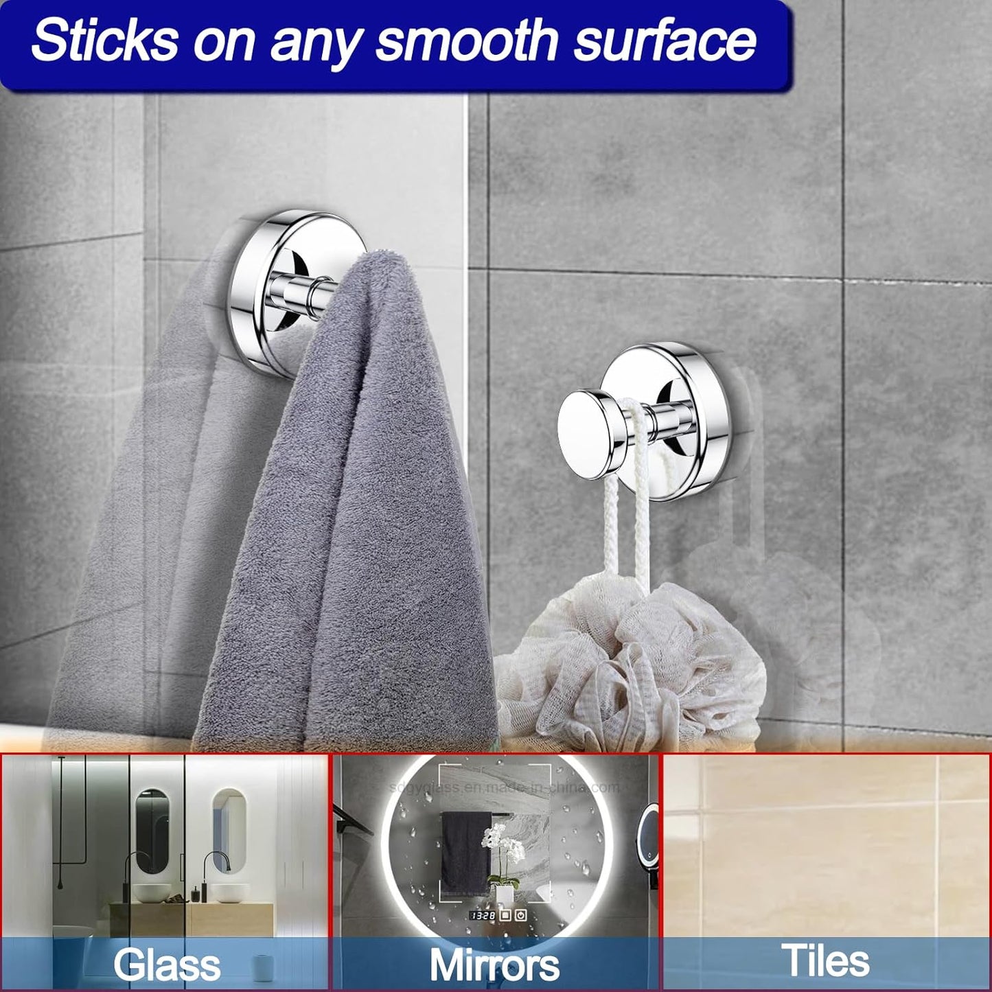 Suction Cup Hooks for Shower, Removable Towel Hooks for Bathroom Window Glass Door Wall, Bath Robe Looafh Hook for Hanging - 2 Pack, Chrome