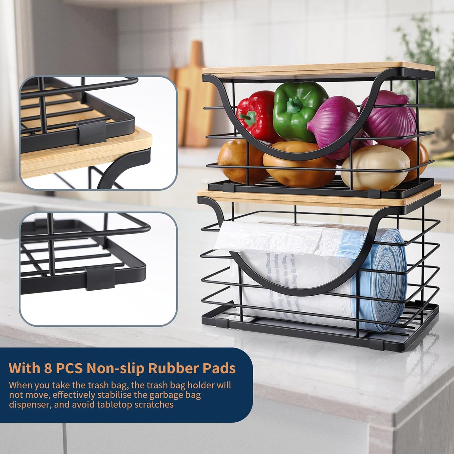 Extra Large Trash Bag Holder Under Sink 2 Pack Stackable Kitchen Storage with Bamboo Lid, Garbage Bag Dispenser Roll Holder, Pantry Organizers Wall Mounted Laundry Room Organization Storage