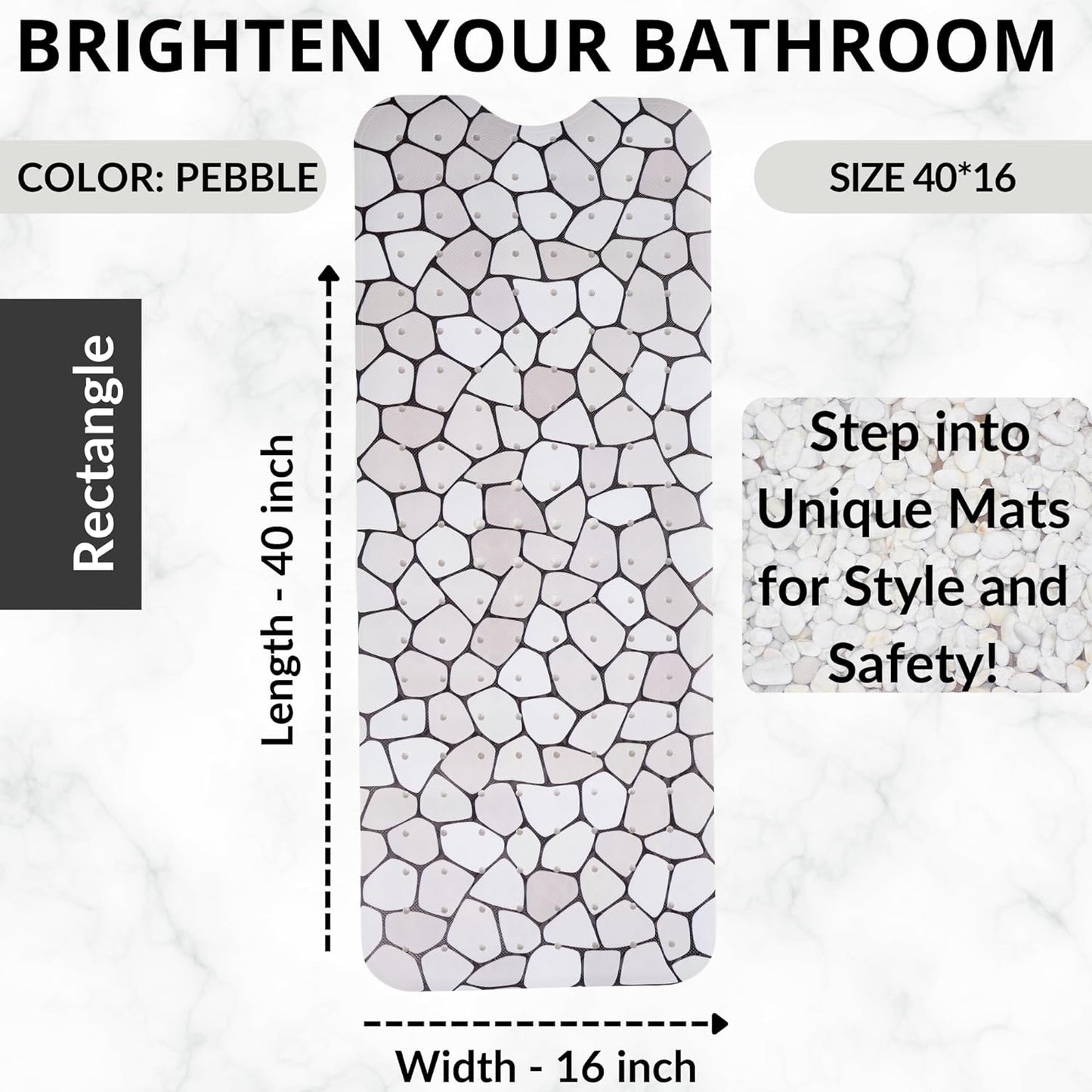 ENKOSI Bath Mat – Large 40 x 16 Inch Non-Slip Bathtub Mat with Secure Suction Cups & Drain Holes – Extra Long Bathroom Shower Mat for Tub with Grey Pebble Design (Grey Pebble 40x16)