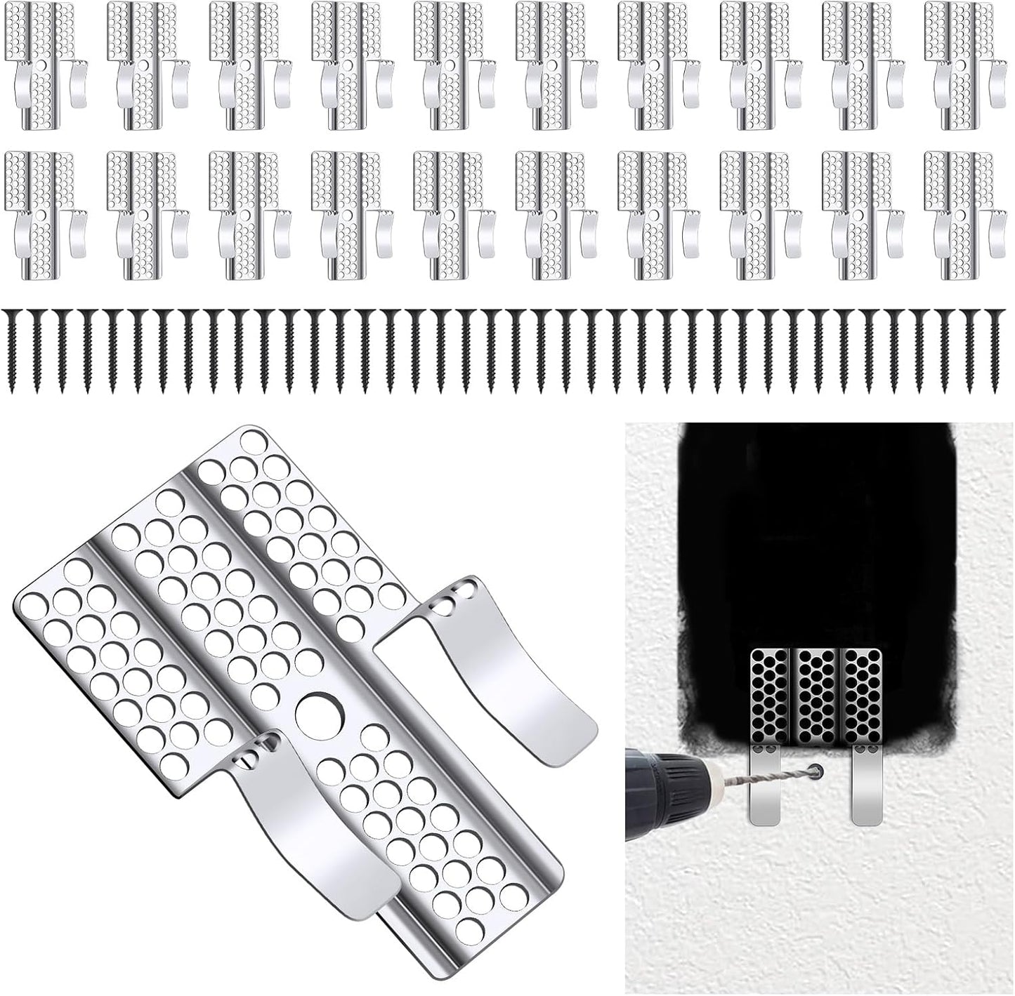 Drywall Repair Clips, 20 Pack Stainless Steel Wall Patch Kit with 40 Screws for 1/2 Inch Sheetrock, Professional Drywall Hole Repair Solution for DIY Home Repair