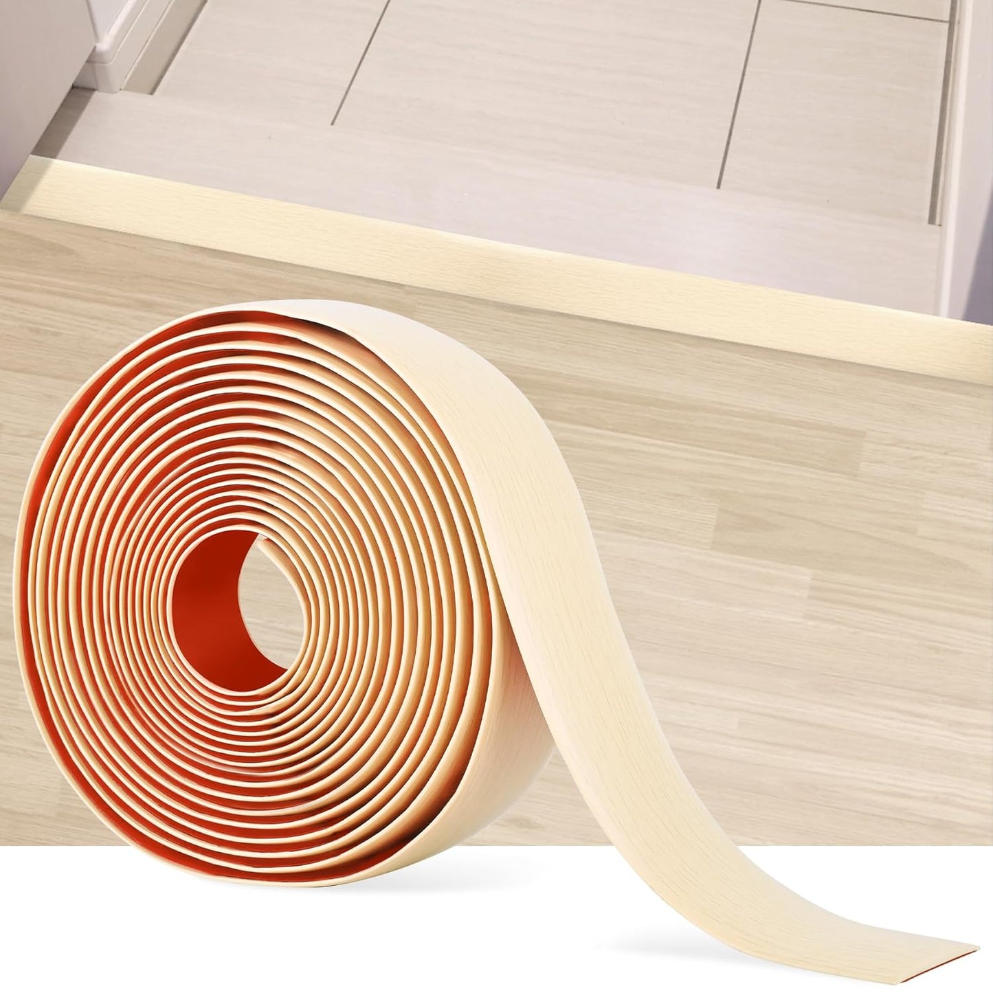 20Ft Floor Transition Strip Self Adhesive Vinyl Cover Floor Strip Flat Divider Transition Strip Wood Grain Design for Laminate Floor Gaps and Doorway Transitions (20Ft x 2 Inch, Beige)