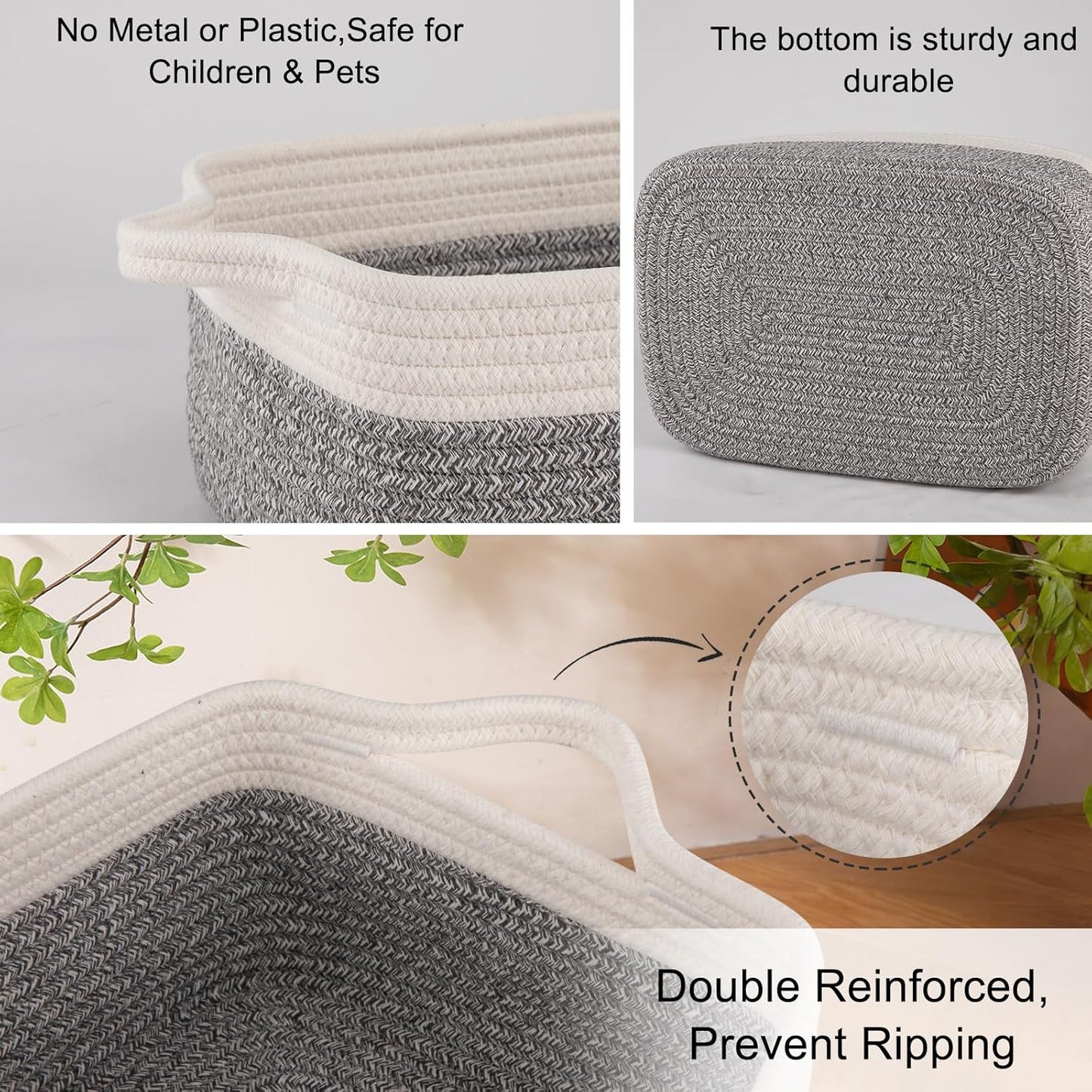 OIAHOMY 3 Pack Storage Baskets for Organizing, Woven Cotton Rope Basket for Shelves, Closet Organizer Bins with Handles, Rectangle Toy Organization, 13.78''×9.84''×5.5'', Grey & White