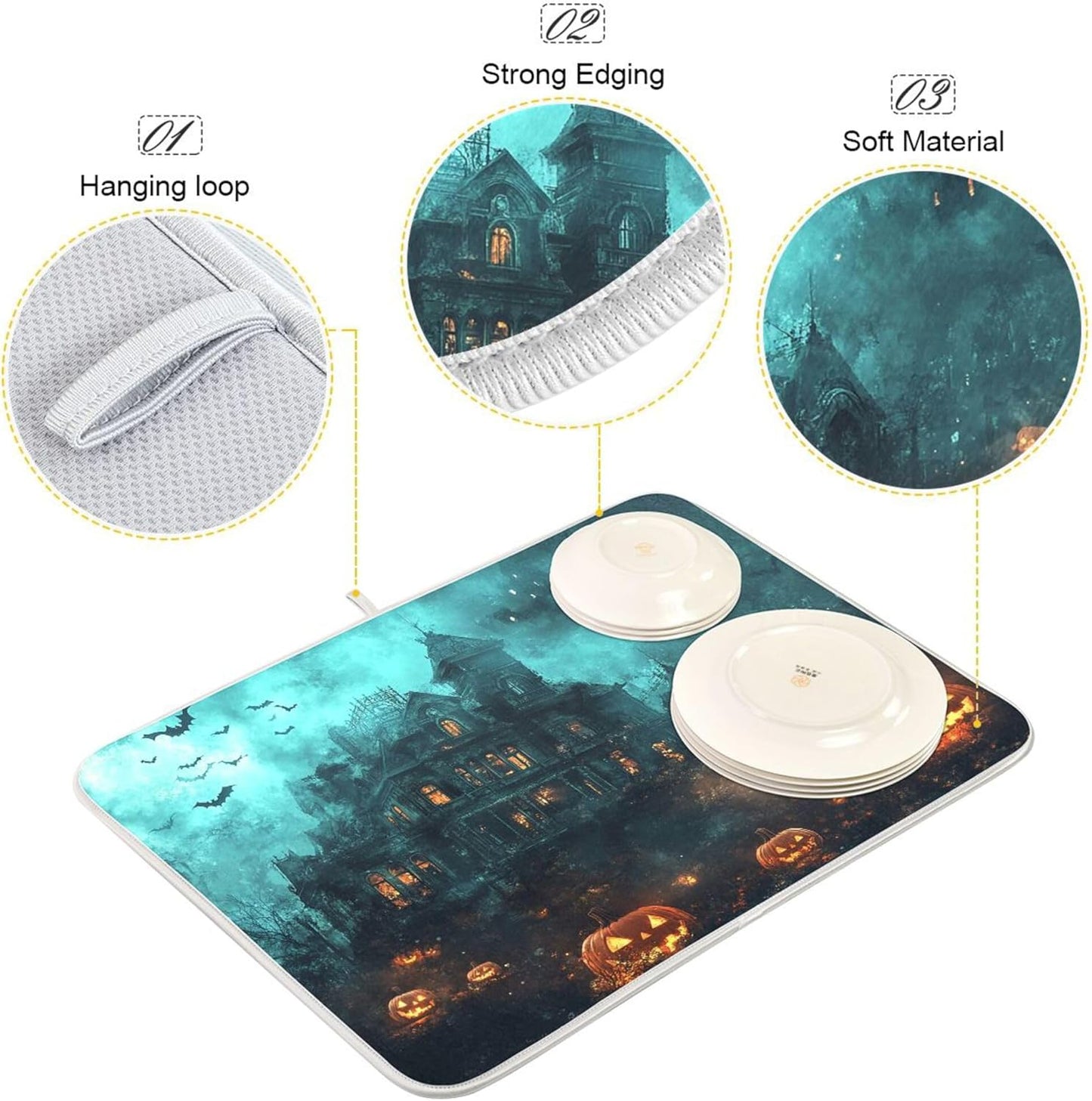 Halloween Castle Dish Drying Mat for Kitchen Countertop 18x24 Spooky Witch Pumpkin Lantern Large Drying Mat Reusable Quick Dry Dish Sink Mats Easy Clean Decorative Essentials