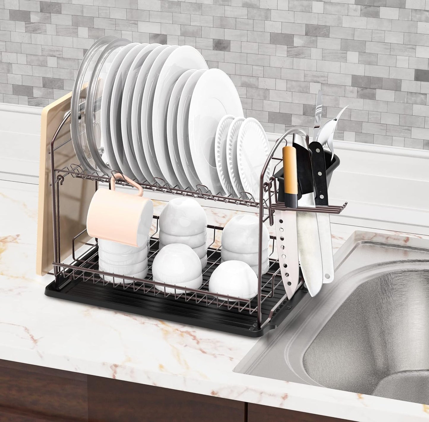 SIMPLE HOUSEWARE 2-Tier Dish Rack with Drainboard, Bronze