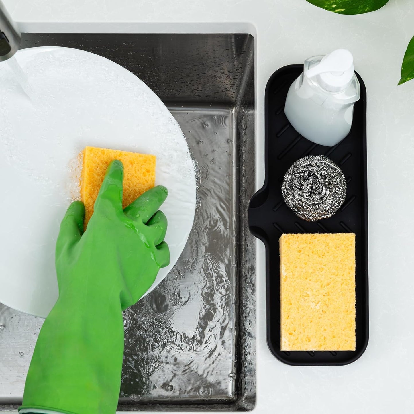 Zulay Large Silicone Sponge Holder (12x4) – Flexible Sink Organizer Tray for Kitchen & Bathroom – Multipurpose Soap Dish for Sponges, Makeup, Trinkets & More (Black)