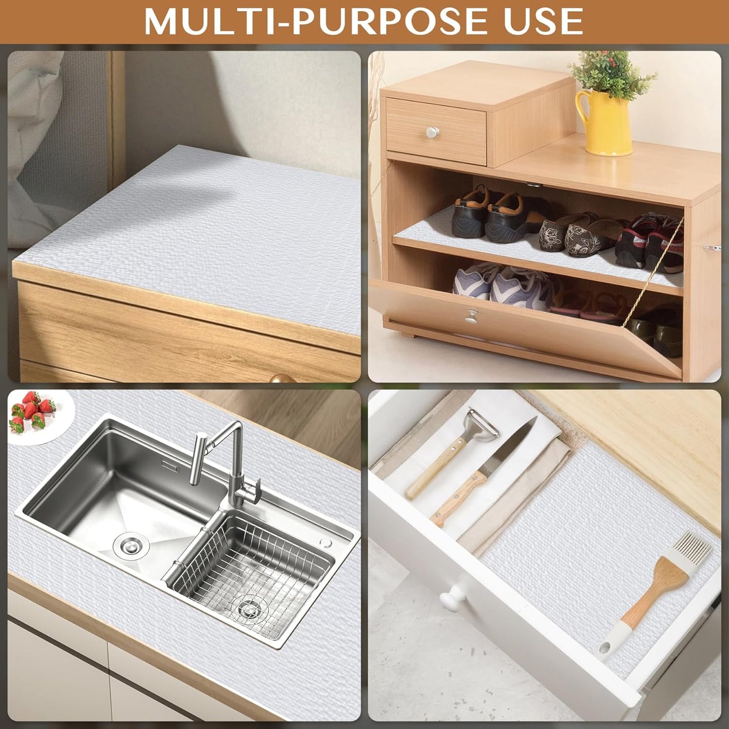 Non-Adhesive Shelf and Drawer Liner for Kitchen Cabinets, 12 in x 20FT Strong Non-Slip Cabinet Liners for Shelves, Refrigerator, Pantry Storage, Bathroom Closet, Easy to Clean & Cut, White