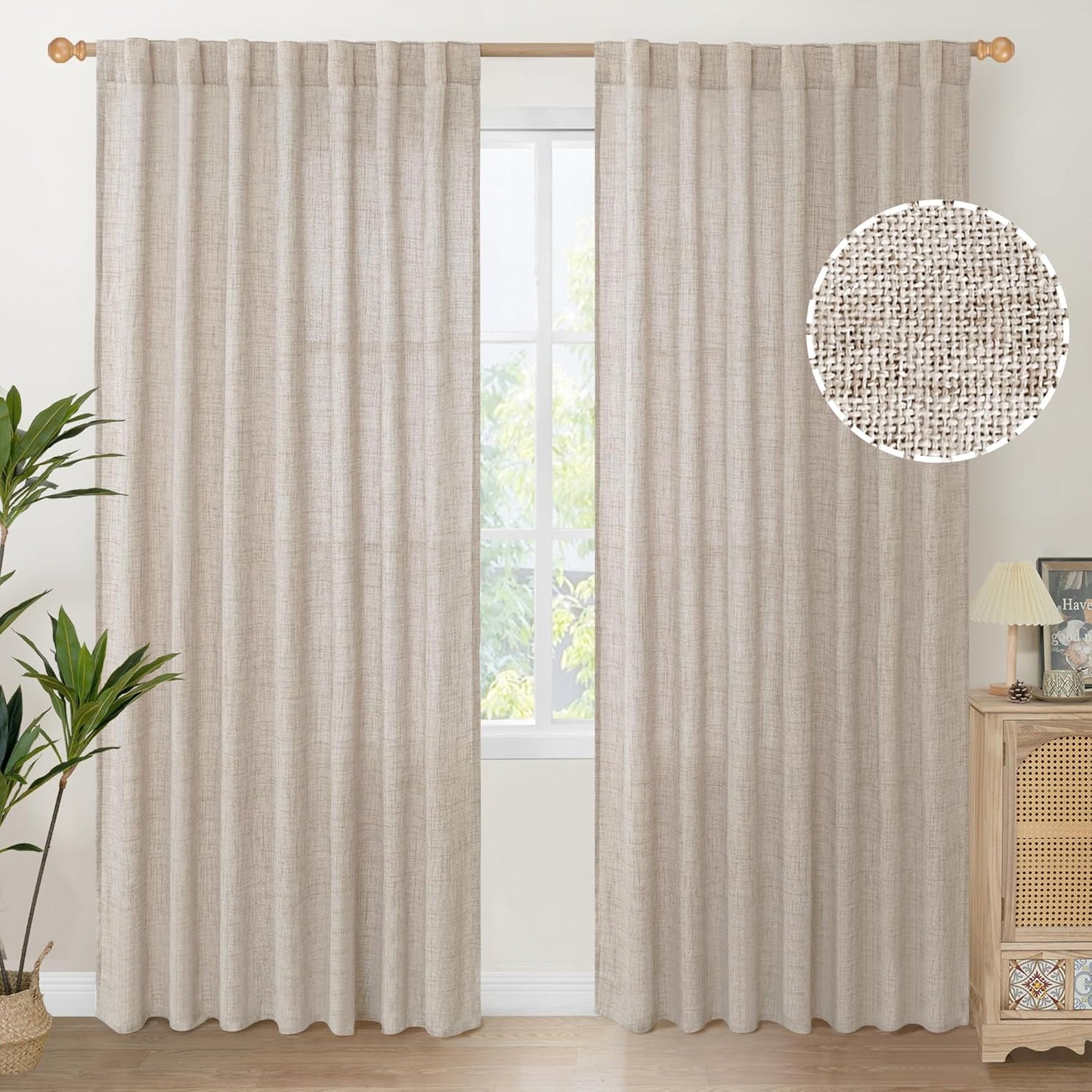YoungsTex 60 Inch Wide Natural Linen Curtains 84 Inch Length for Living Room Back Tab Rod Pocket Light Filtering Window Drapes for Bedroom Sliding Glass Door, 2 Panels, 60 X 84 Inch