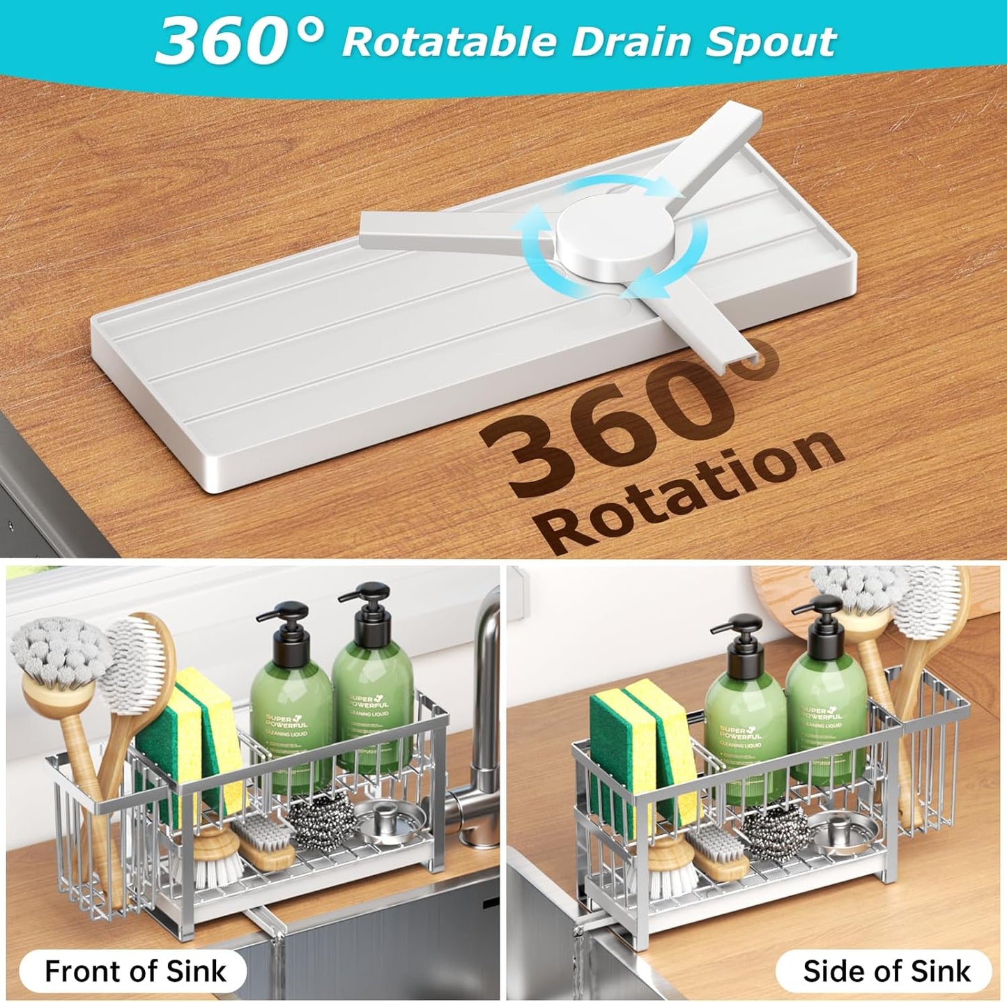 Sponge Holder for Kitchen Sink, 2 Tier Sink Caddy Organizer Countertop with Dish Brush Holder and 360° Drain Tray, Rustproof Stainless Steel Dish Soap Storage Rack Set for Accessories Silver