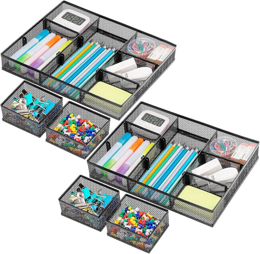 Marbrasse 3 Pack Desk Drawer Organizers with 9 Adjustable Compartments for Makeup, Office Supplies & Accessories (Black)