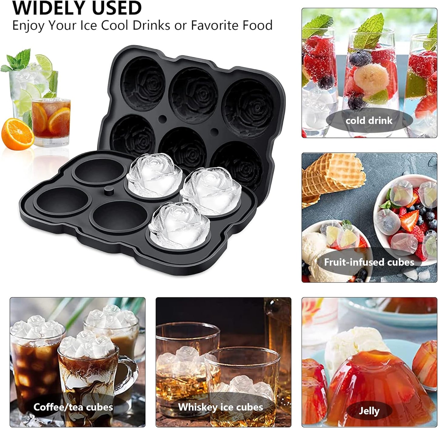 Rose Ice Cube Tray,ZACHDEE 2" Flower Silicone Ice Cube Tray With Covers,6 Easy Release Large Ice Ball for Cocktails, Drinks, Whiskey, Bourbon & Homemade Juice