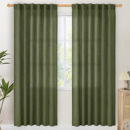 YoungsTex Olive Green Linen Curtains 78 Inch Length for Living Room, Light Filtering Semi Sheer Window Drapes with Rod Pocket Back Tab for Office Dining Bedroom, 2 Panels, 52 X 78 Inch