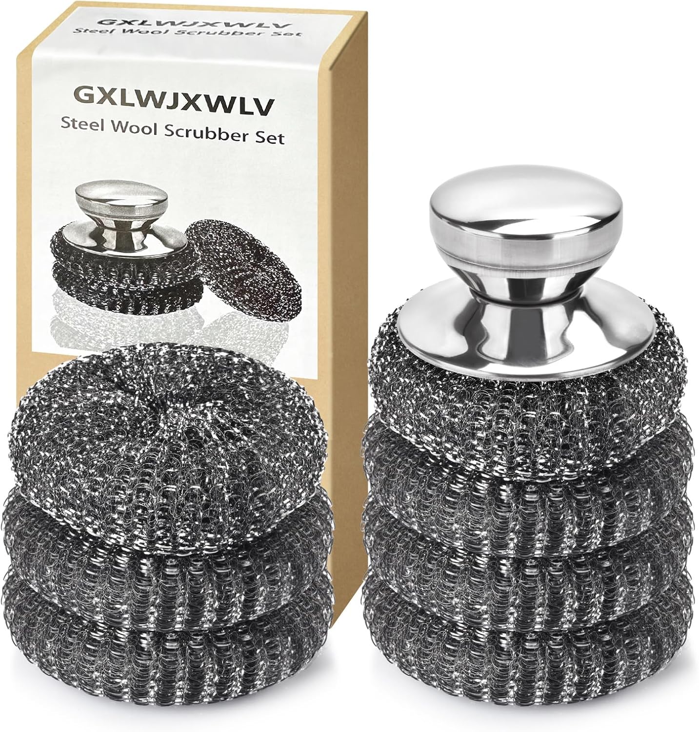 7PCS Steel Wool Scrubber Pads, Stainless Steel Scrubber Set with 1PCS Handle, Metal Scrubbers for Cleaning Kitchen and Household, Dishes, Stoves, Grill, Wash Sink, Pots