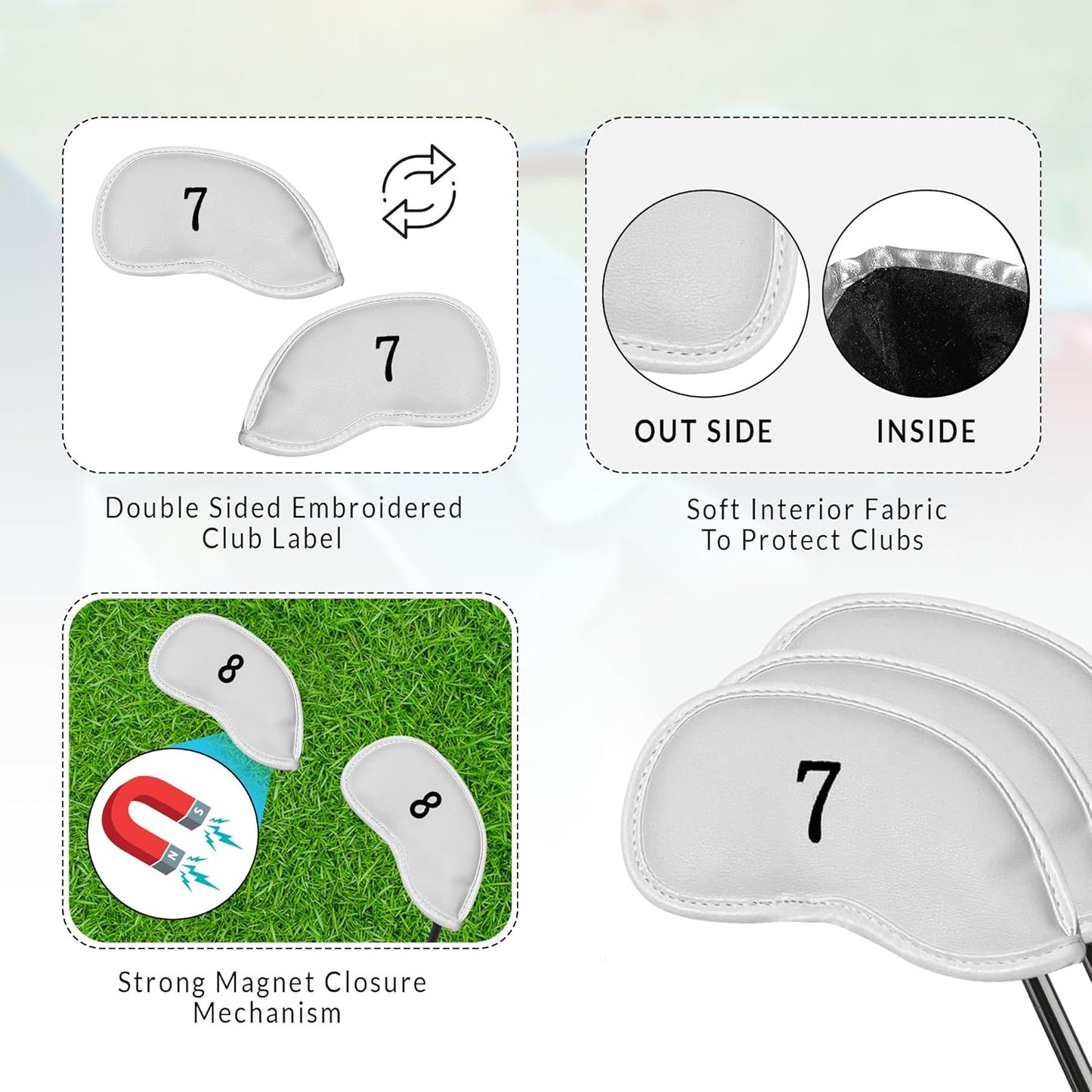 Premium Magnetic Leather Iron and Wedge Golf Club Head Covers | Set of 10 | Fits Most Clubs | Embroidered Club Label on Both Sides of Club Head Cover