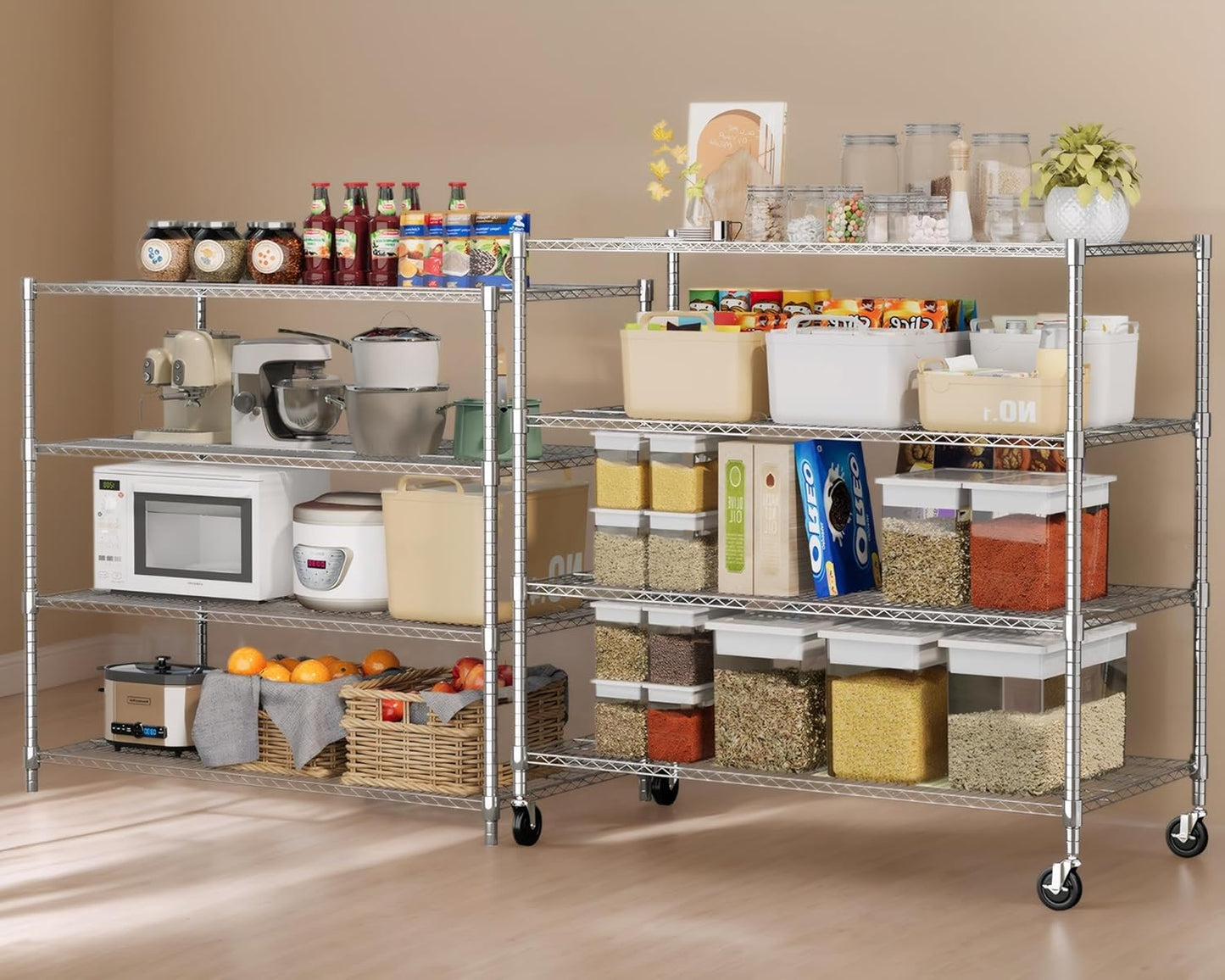 Himimi 4 Tier Wire Shelving with Wheels Heavy Duty Height Adjustable Metal Shelves for Storage, Commercial Grade Steel Utility Wire Rack for Kitchen Garage Pantry Organization-24×48×72, Silver