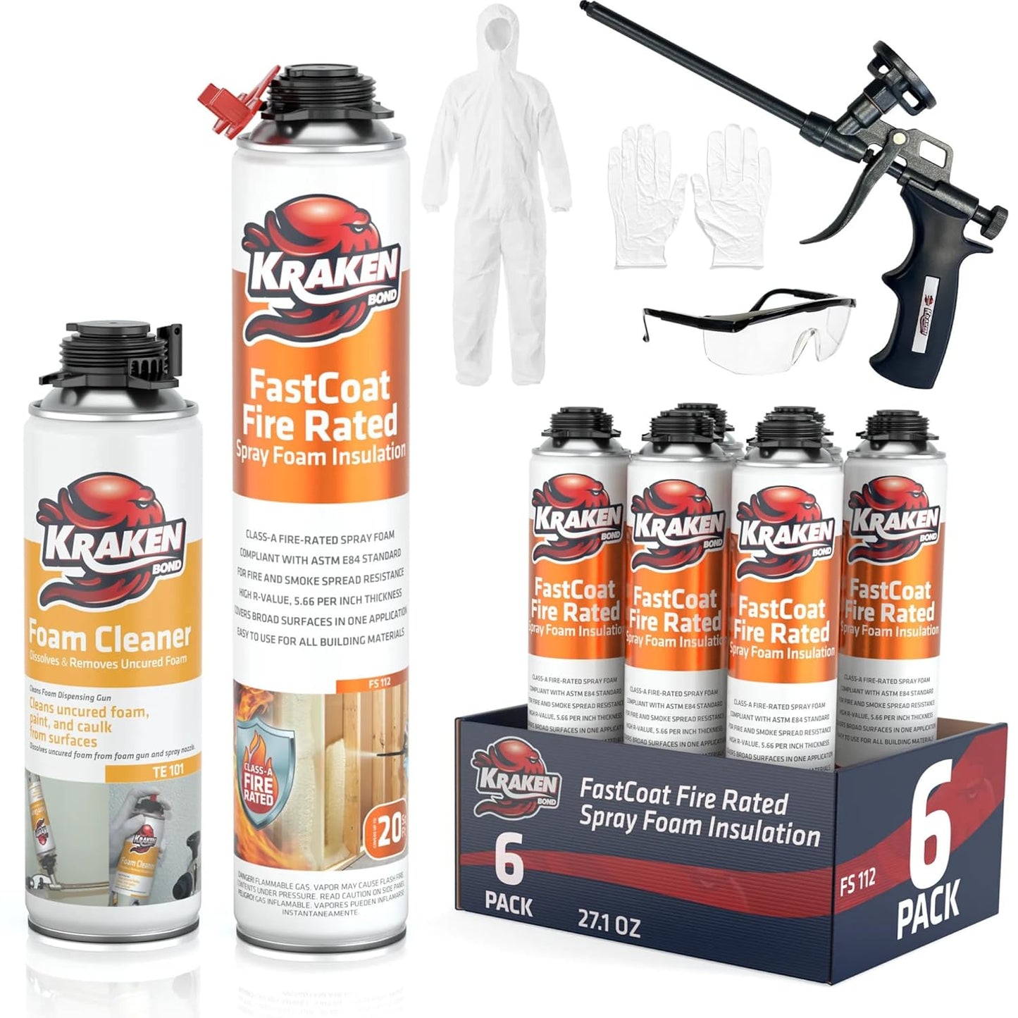 Kraken Bond Fastcoat Fire Rated Spray Foam Insulation Kit Closed Cell in a Can 120 sq ft (6x27.1 oz.) (R-Value 11.32 / 2in) - Spray Foam for Garage Door, Attic, Wall Gun & Cleaner Included, 6 Pack