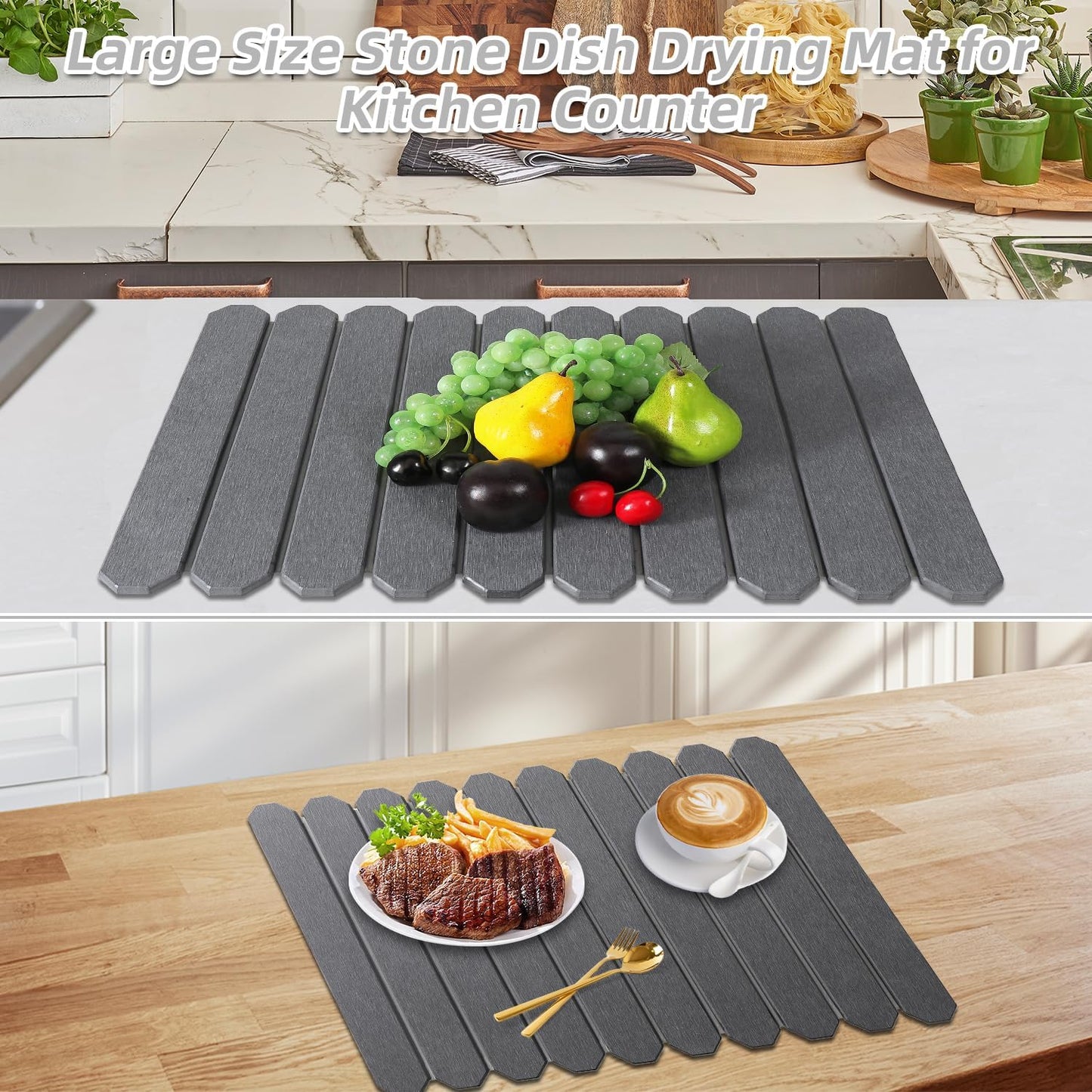 Large Stone Drying Mat for Kitchen Counter - 24"x16" Quick Dry Dish Drying Mat for Cups Dishes Bottles - Absorbent Non-Slip Diatomaceous Earth Mats (Dark Grey)