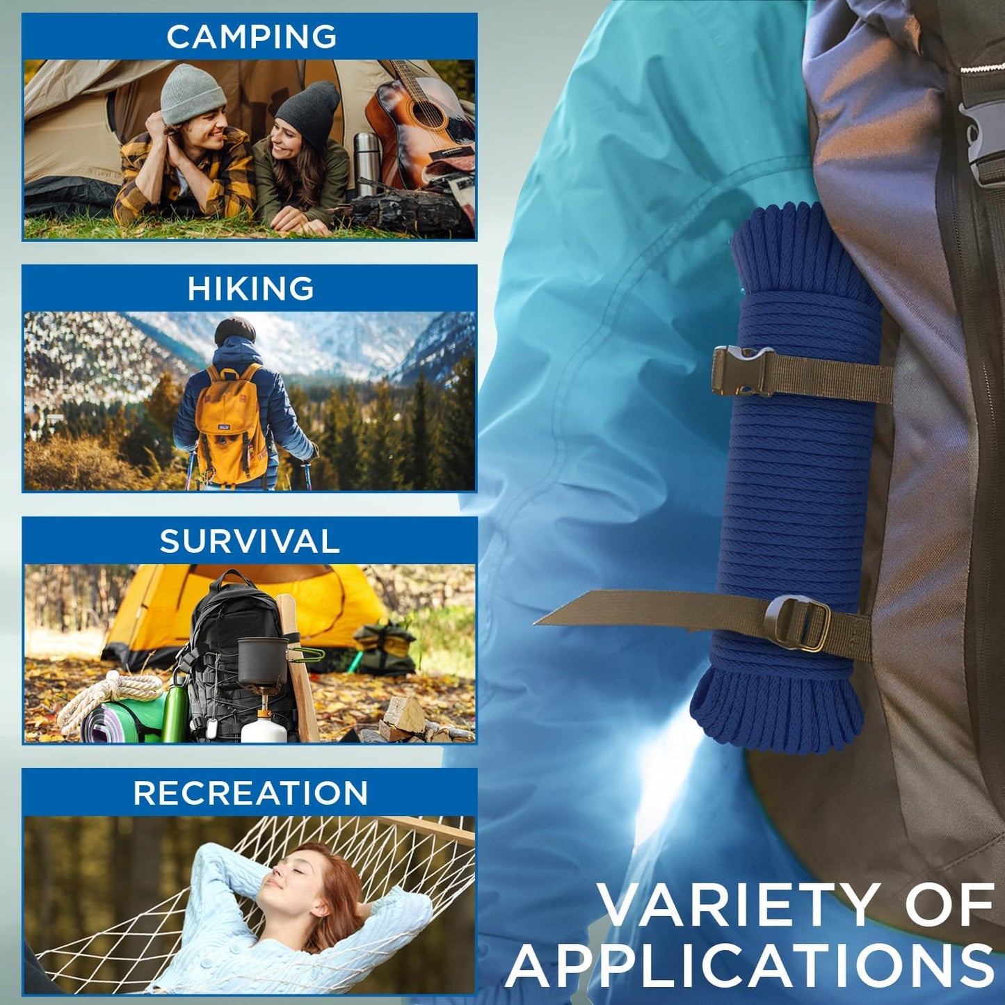 TECEUM Cotton Rope 3/16” (5 mm) – 50 FT – Strong All-Purpose Braided Rope – Natural Cotton – for Crafting, Сamping, Clothes Line, DIY, Indoor & Outdoor Use – Navy Blue