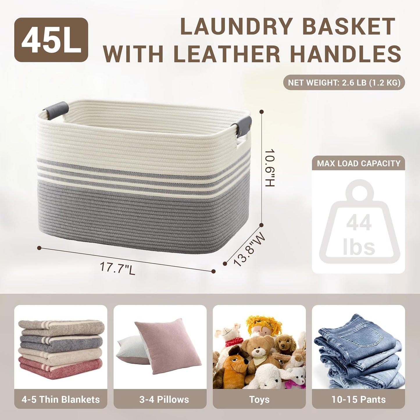 45L Small Laundry Basket with Leather Handles for Living Room Storage, Woven Rope Baskets Bin for Blanket, Kids Toy, Gifts, Wicker Hamper for Bedroom Dirty Clothes, 18"x14"x11" White Grey