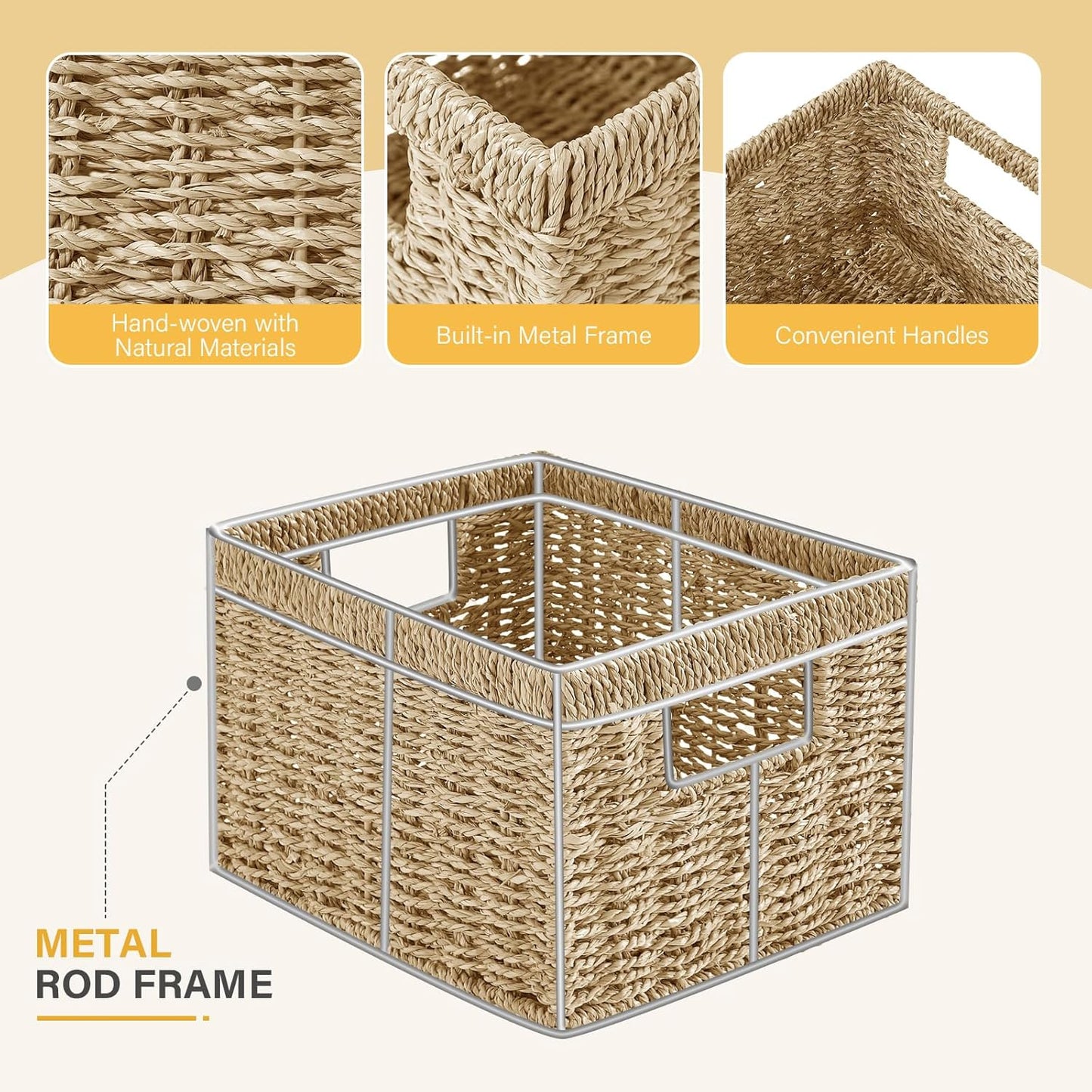 Seagrass Wicker Basket, Decorative Woven Baskets with Built-in Handles, Hand-woven Storage Organizer for Organizing Pantry, Shelves, Laundry, Livingroom, Bedroom, Toilet(2-PACK, Natural)