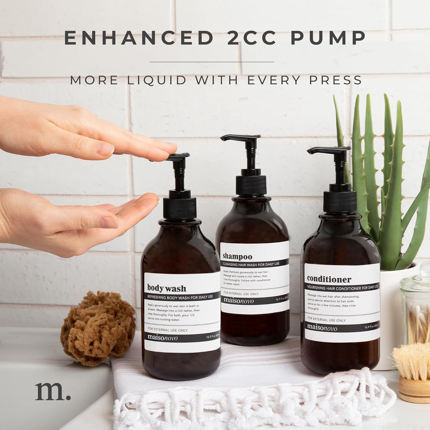 MaisoNovo Refillable Shampoo and Conditioner Bottles | 16.9 fl oz Set of 3 Amber Plastic Bottles Black Pumps