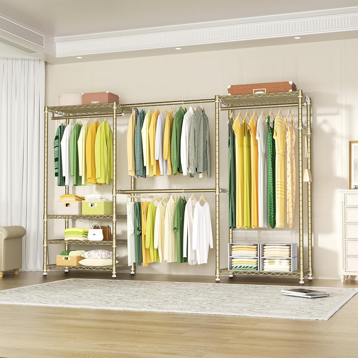 Ulif E1 Heavy Duty Closet Garment Rack, 6 Tiers Adjustable Metal Freestanding Expandable Clothing Storage with 4 Hanger Rods, Easy to Assemble Wardrobe, 71.4" H x (70" - 88.2") L x 14" D, Gold