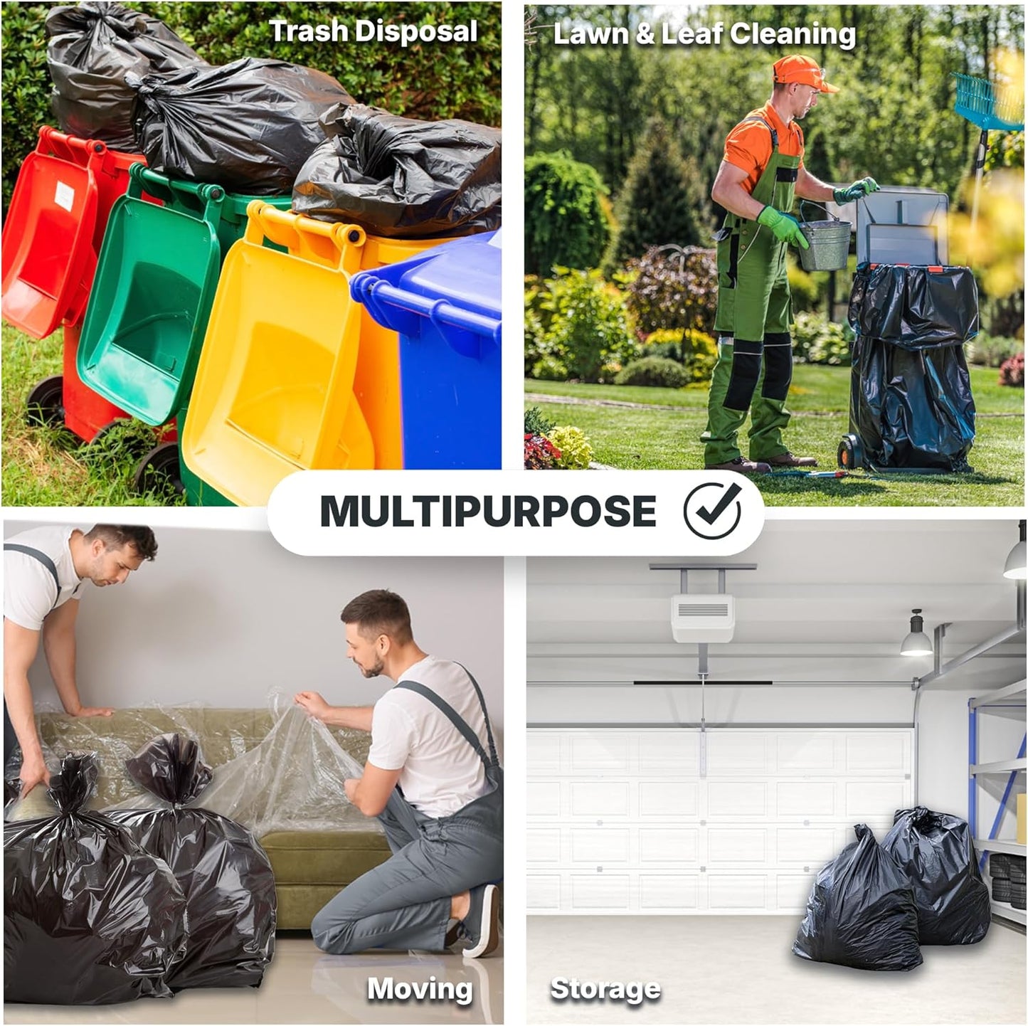 33 Gallon Trash Bags, 30 Micron Heavy Duty Pure LDPE Garbage Can Liners, 33" x 39" Large, Black, 100 Count