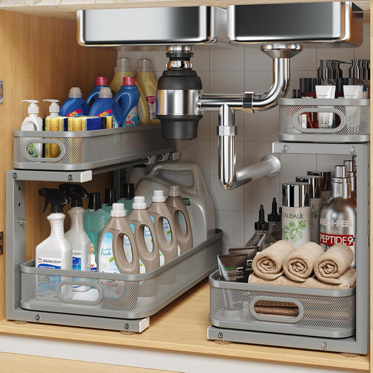 2 Pack 17.3IN-Depth Under Sink Organizer with Smooth Cylindrical Rail,2-Tier Pull Out Multi-Purpose Cabinet Storage for Bathroom&Kitchen,Height Adjustable,Rust-Resistant Coating-Gun Gray