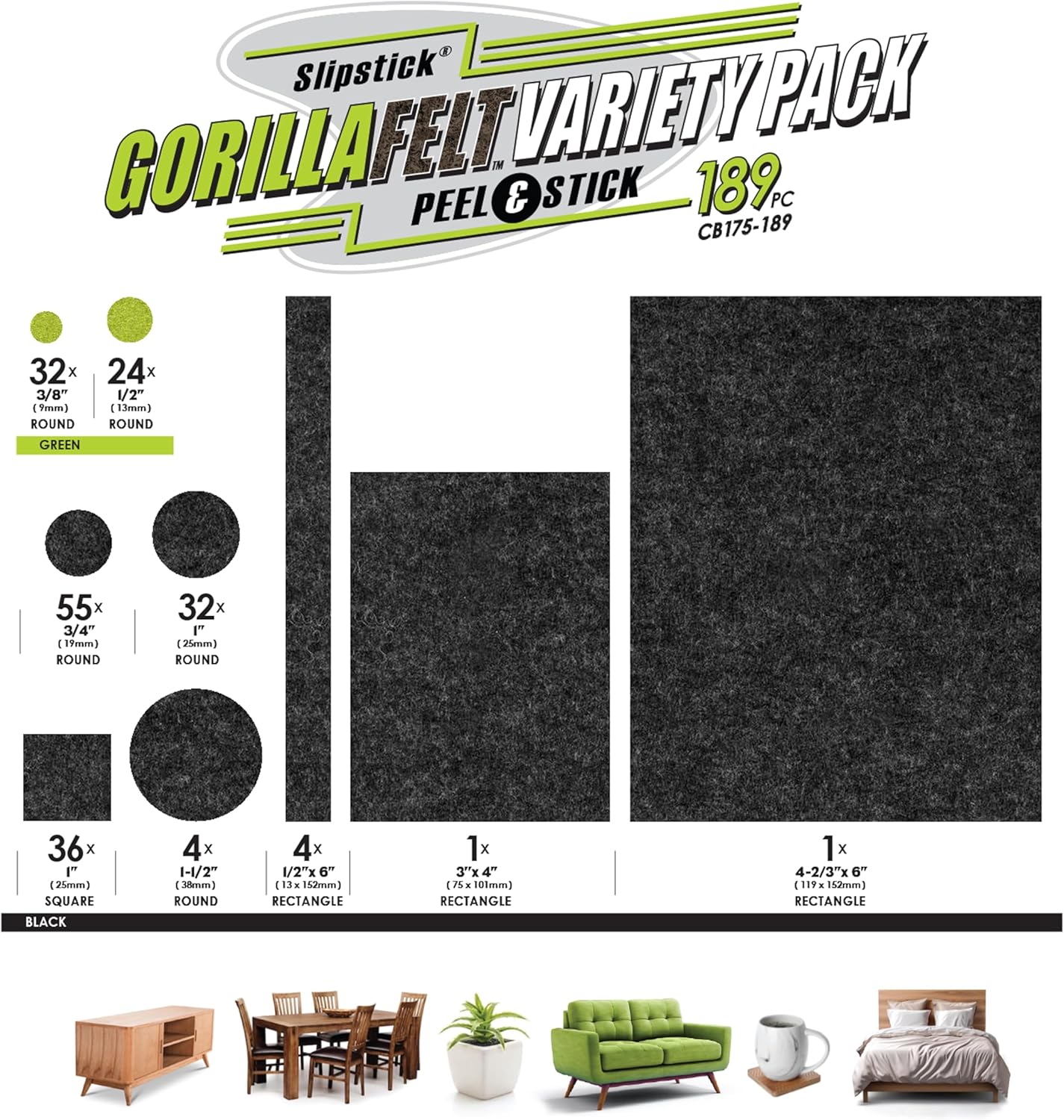 Slipstick Gorilla Felt Furniture Pads (189 Piece Variety Pack) Premium Furniture Pads & Chair Leg Floor Protectors for Hardwood Floors & Hard Surfaces