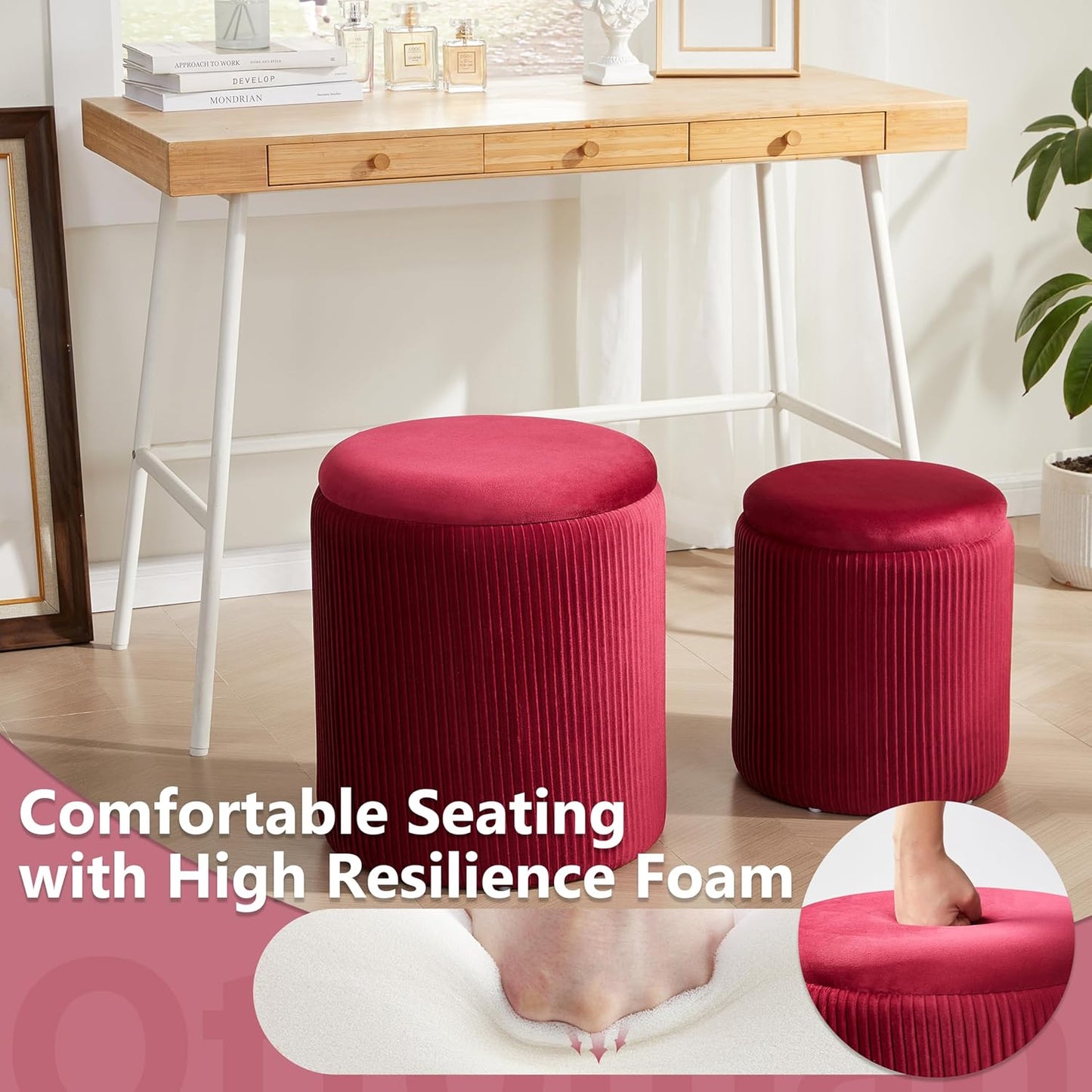 Royal Windsor Round Ottoman with Storage Set of 2,Vanity Stool with Storage for Bedroom, Ottoman Coffee Table,Small Velvet Foot Stool for Living Room, Burgundy