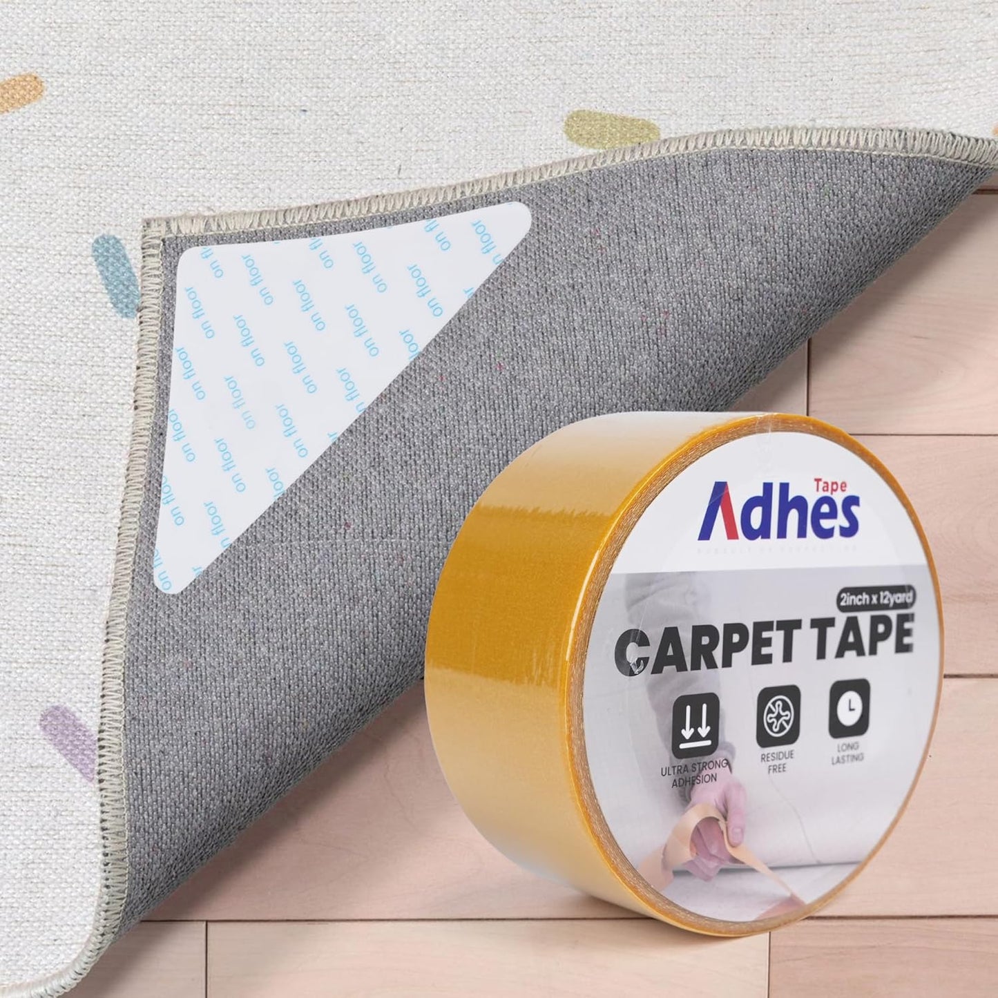 Adhes Double-Sided Carpet Tape, 2 Inch x 12 Yard Rug Tape with 8 Anti-Skid Pads, Heavy Duty Carpet Grip Tape for Hardwood Floors, Area Rugs, and Tile