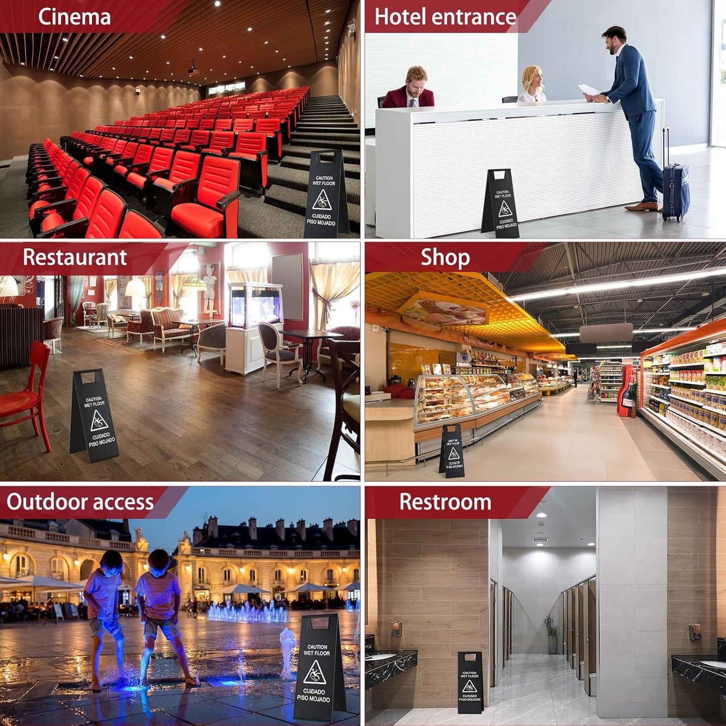 8 Pcs 24 Inch Stainless Steel Wet Floor Sign 8.8 Pound Caution Wet Floor Sign Bulk Double Sided Portable Foldable Bilingual Safety Warning for Kitchen Restaurant Restroom Avoid Fall(Black)