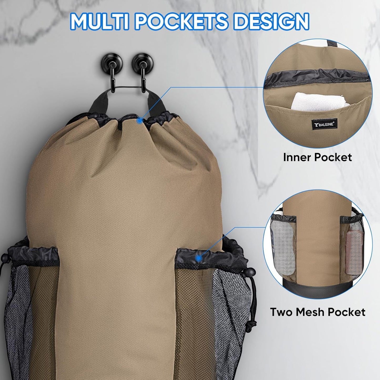 BALEINE 150L Laundry Bag Backpack, 900D Oxford Fabric Large Travel Laundry Bags with Shoulder Straps and 2 Mesh Pockets for College Dorm, Apartment, Laundromat (Khaki, 150L)