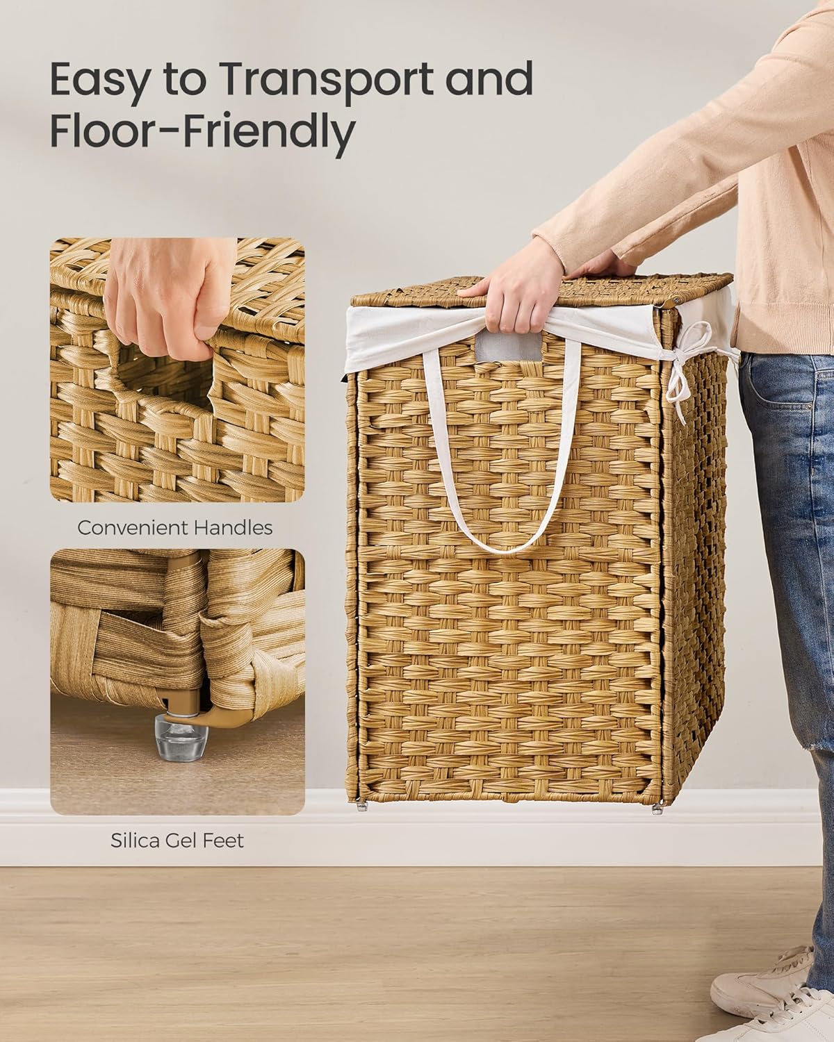 SONGMICS Laundry Hamper with Lid, 29.1 Gallon (110 L) Synthetic Rattan Clothes Laundry Basket with Lid and Handles, Foldable, Removable Liner, Goose Yellow ULCB152Y01
