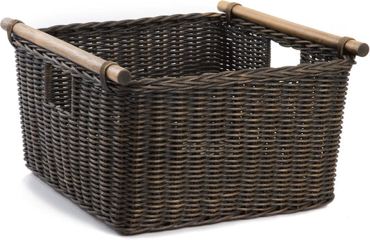 The Basket Lady Deep Pole Handle Wicker Storage Basket, Extra Large, 17.5 in L x 18 in W x 11.5 in H, Antique Walnut Brown