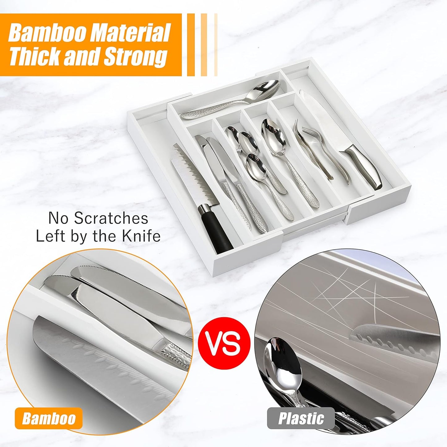 Bellsal White Silverware Organizer Kitchen Drawer Organizer Expandable Bamboo Utensil Holder Cutlery Tray for Kitchen Utensil and Flatware Bedroom Office