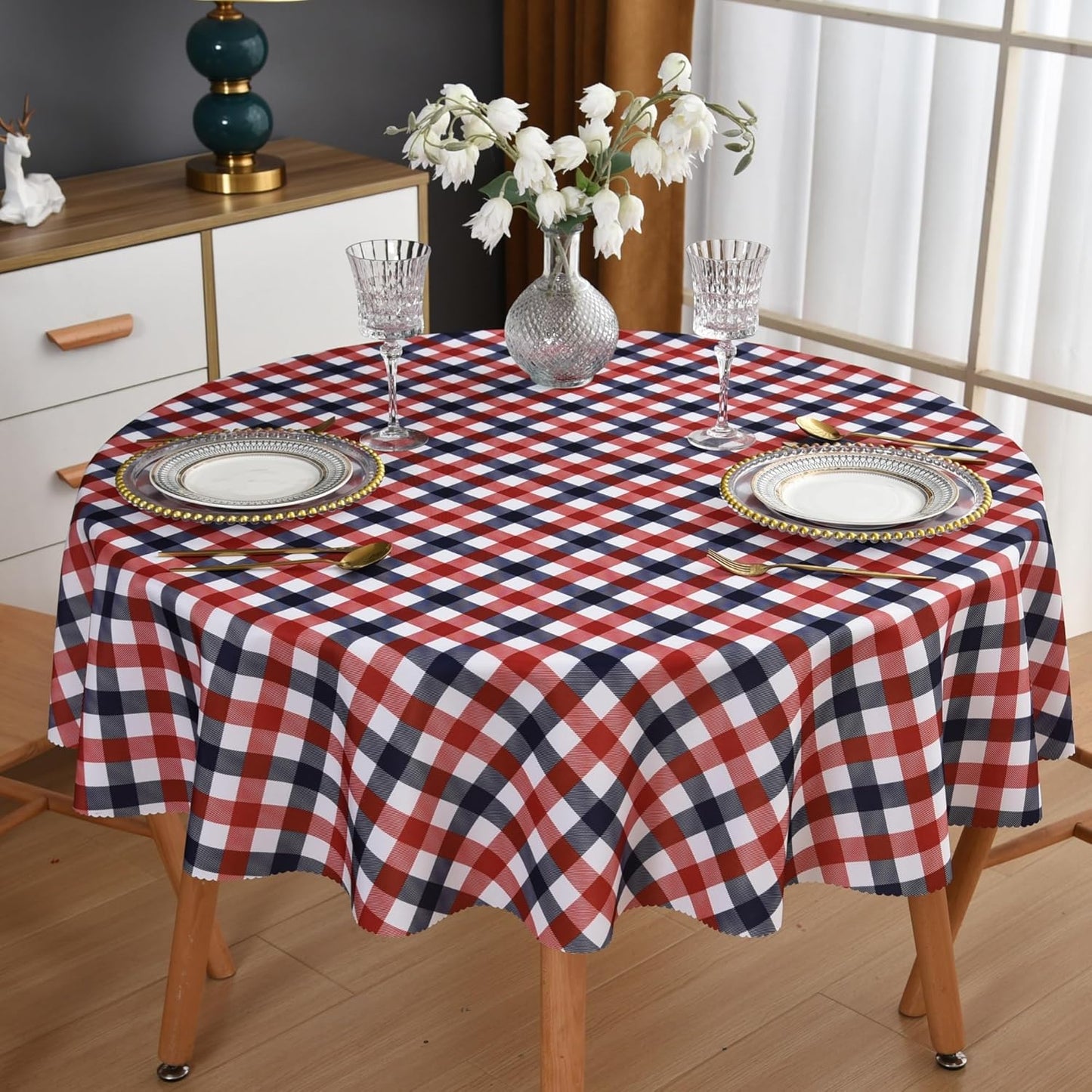 Waterproof Plaid Tablecloth Fabric - Round 108 Inch Classic Gingham Checker Table Cloth for Indoor/Outdoor Use - Buffalo Table Cover for Picnics, BBQs, and Parties