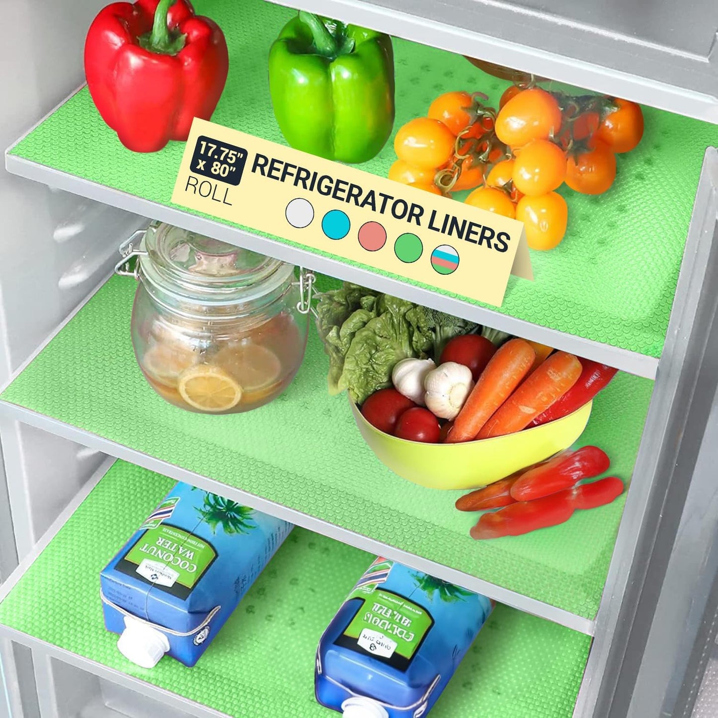 Refrigerator Liners for Shelves by Linda’s Essentials - Easy to Clean Fridge Liner with Spill Protection Fridge Shelf Liners & Drawer Liner, Nonslip BPA-Free Refrigerator Mats (Green Roll)