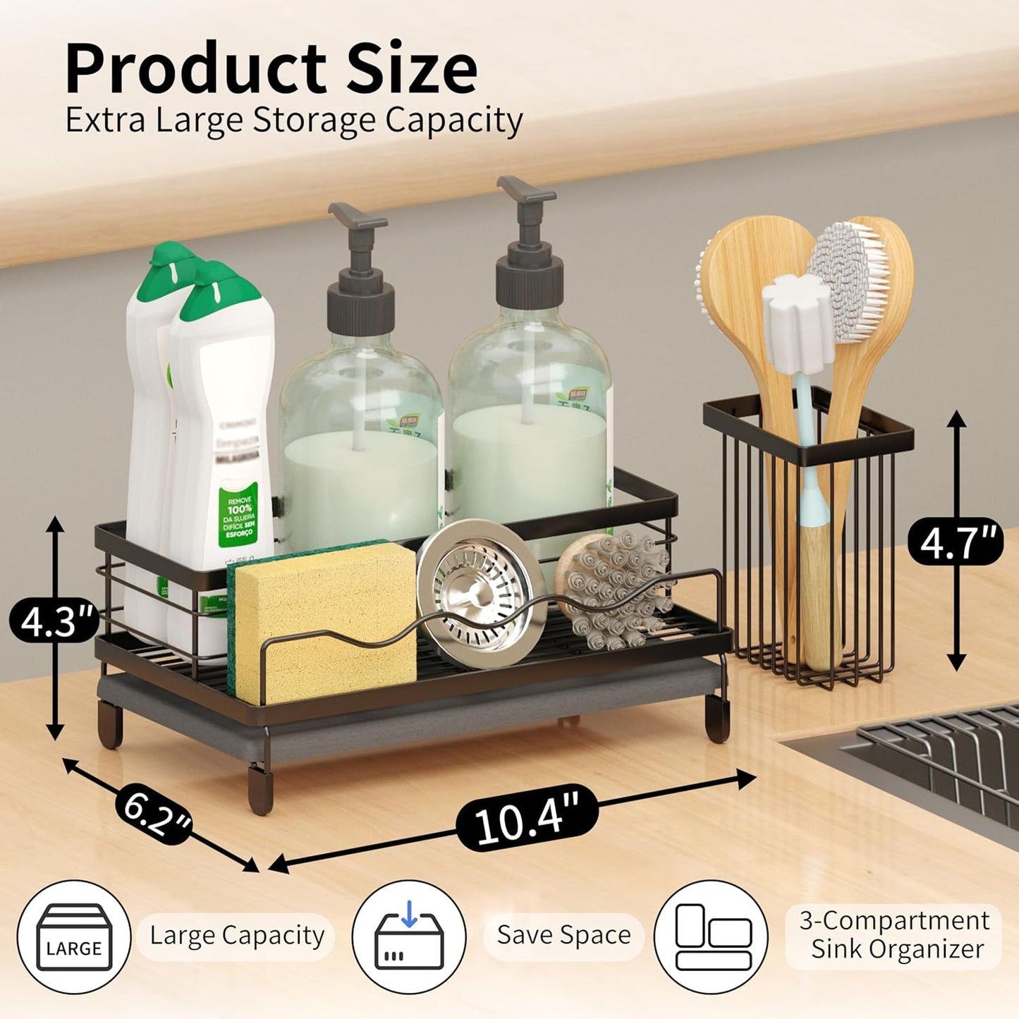 Sink Caddy, Kitchen Sink Organizer with Sponge Holder and Stone Drying Mat, Quick Drying, Stainless Steel Kitchen Caddy Organizer for Sponges, Brushes & Soap