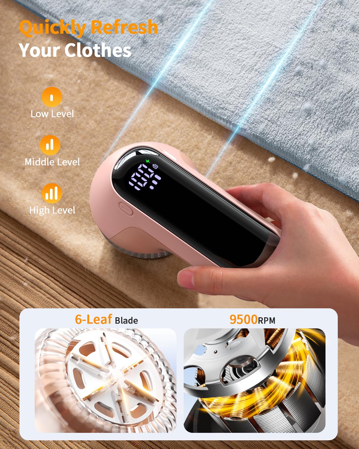 Fabric Shaver, Rechargeable Lint Shaver with Digital Display, Electric Portable Sweater Shaver with 6-Leaf Blades and Safety Lock, 3-Speeds Lint Remover to Remove Pilling for Clothes, Couch (Pink)