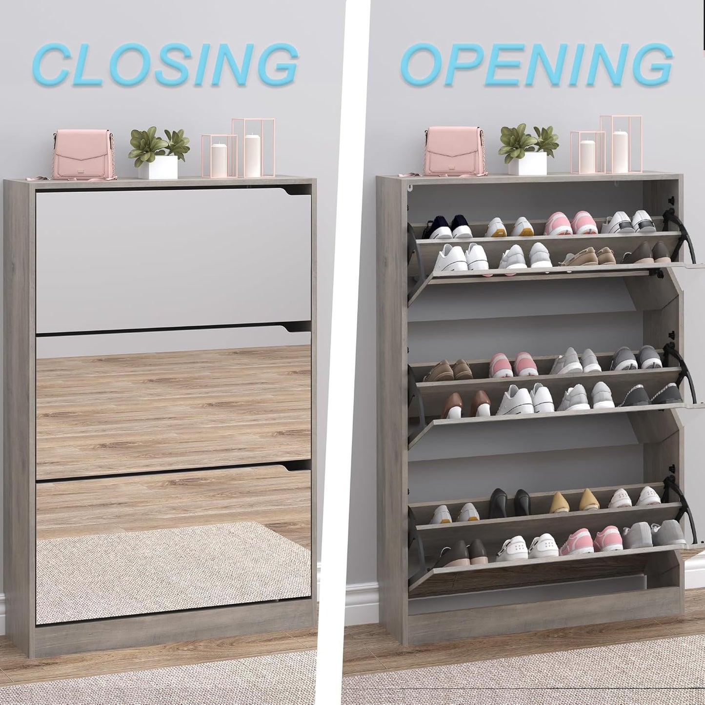 Shoe Cabinet with 3-Flip Mirror Drawers, Freestanding Shoe Rack Organizer with Hidden Handle, Slim Narrow Shoe Storage Cabinet for Entryway, Entrance, Hallway, Bedroom