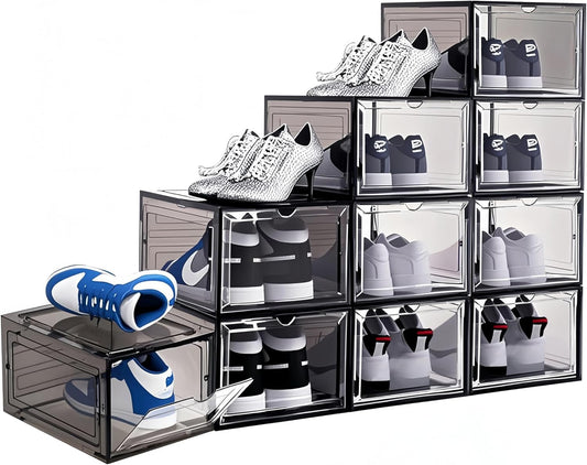10 Pack Shoe Storage Box Clear Hard Plastic Shoe Organizer Stackable Hats Sneaker Display Case with Lids for Size 13, Black