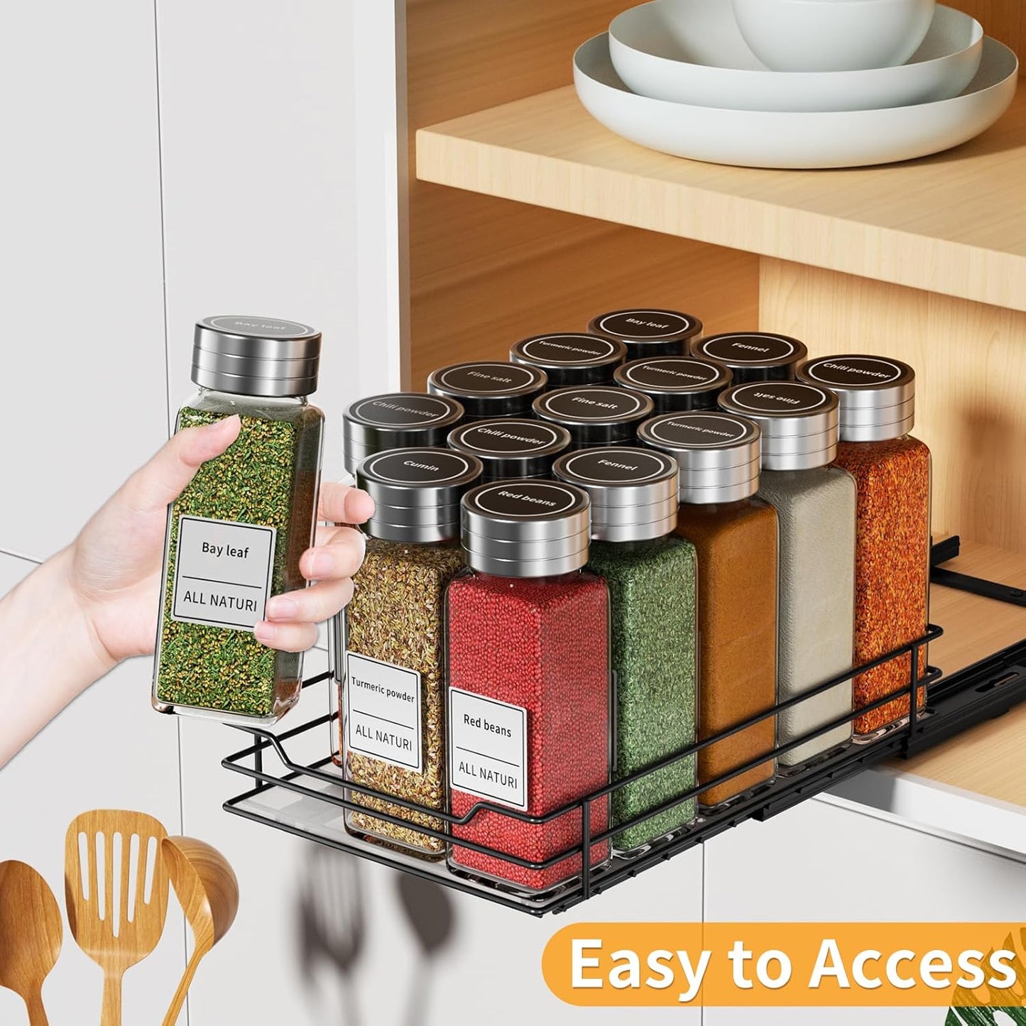 RCHYFEED Pull Out Spice Rack Organizer for Cabinet,Slide out Spice Organizer for Inside Cabinets,Heavy Duty Spice Organization for Kitchen and Pantry,Seasoning,Sauces(1-Tier,6.5" Wx10.5 Dx2.5 H)