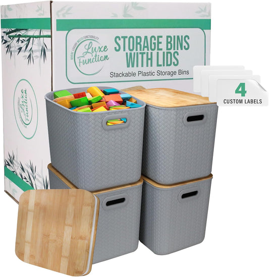 Storage Bins with Bamboo Lid – Stackable, Multi-Purpose Organizers for Pantry, Closet, Kitchen, and Home – Elegant Wicker-Style Design with Ergonomic Handles (Grey)