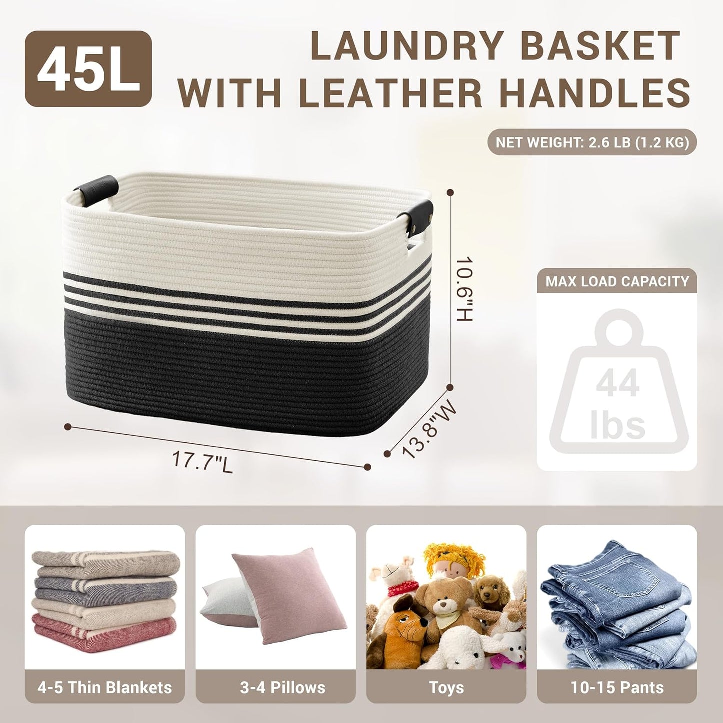 45L Small Laundry Basket with Leather Handles for Living Room Storage, Woven Rope Baskets Bin for Blanket, Kids Toy, Gifts, Wicker Hamper for Bedroom Dirty Clothes, 18"x14"x11" White Black