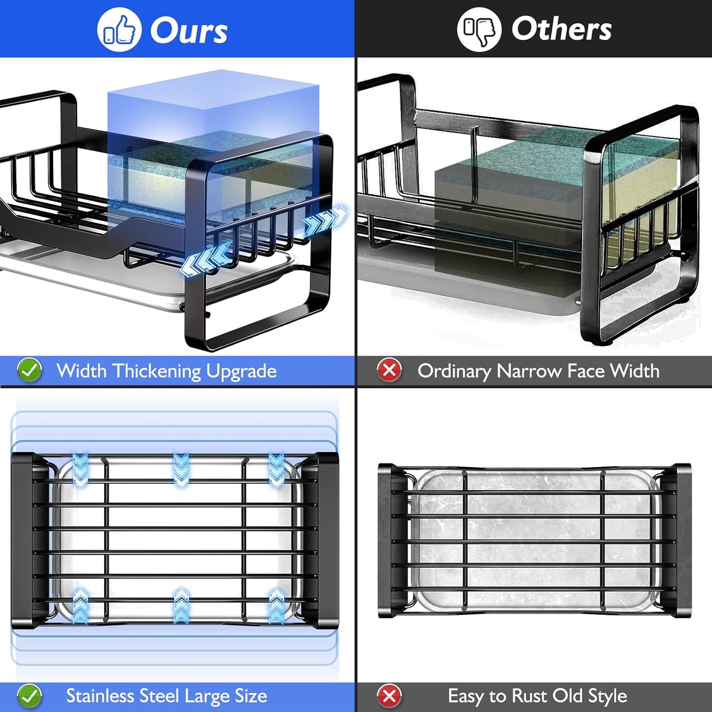 Sink Caddy Sponge Holder,Sponge Holder for Kitchen Sink,Kitchen Sink Organizer for Soap Brush Dispenser,Countertop Sink Caddy Organizer with Removable Drain Tray