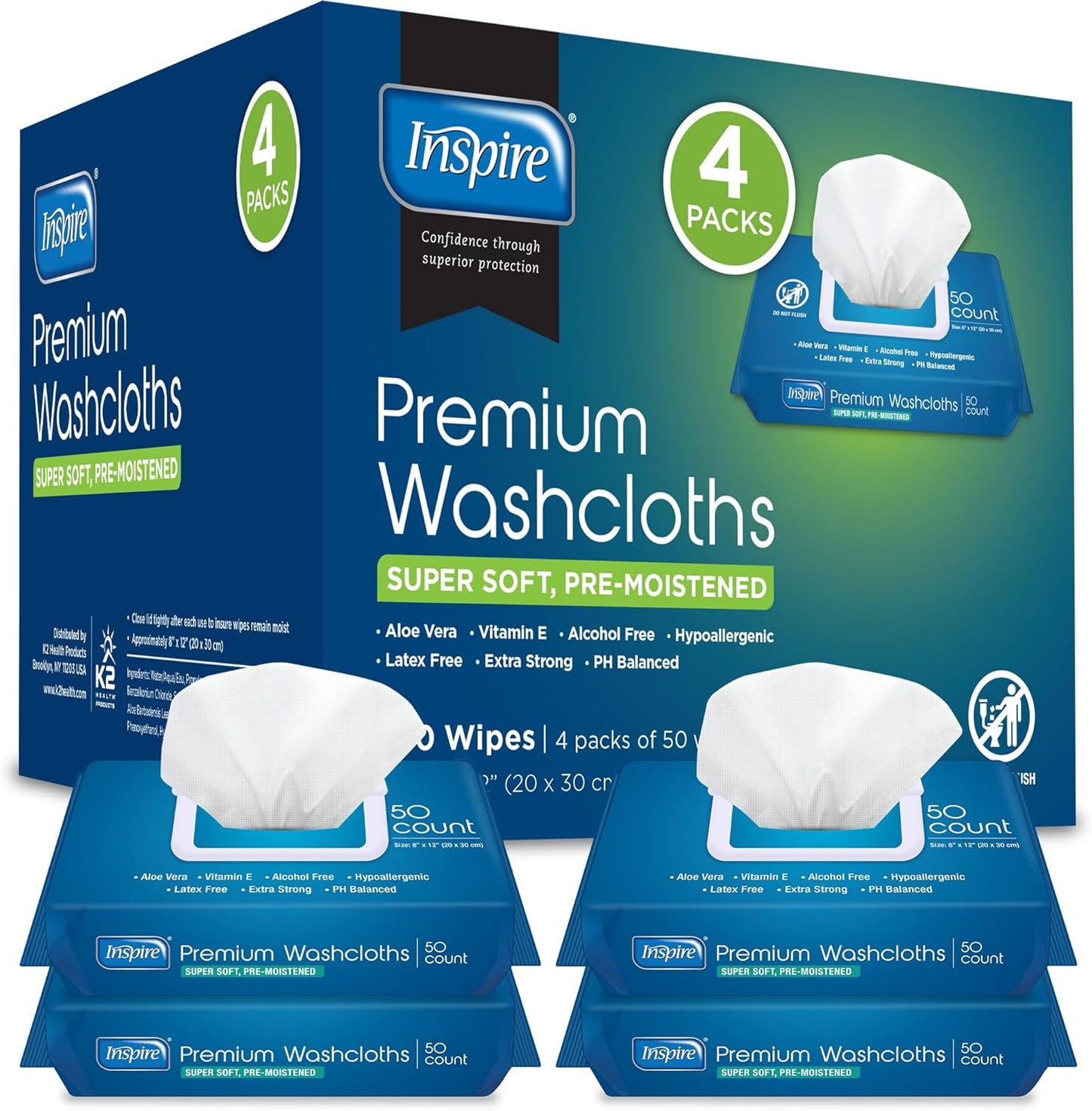 Inspire Adult Wet Wipes, Wash Cloths | Adult Wipes for Incontinence & Cleansing for Elderly, 8"x12" (200 count)