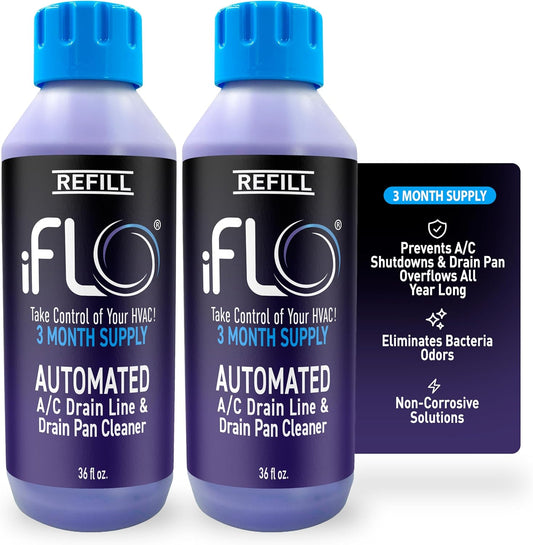 iFLO® Smart A/C Drain Line Cleaner and Drain Pan Cleaner Cartridge, Fast-Acting, Long-Lasting HVAC System Solution for Tough Clogs & Buildup, 3-Month Supply per Bottle, 2 Pack of 36oz
