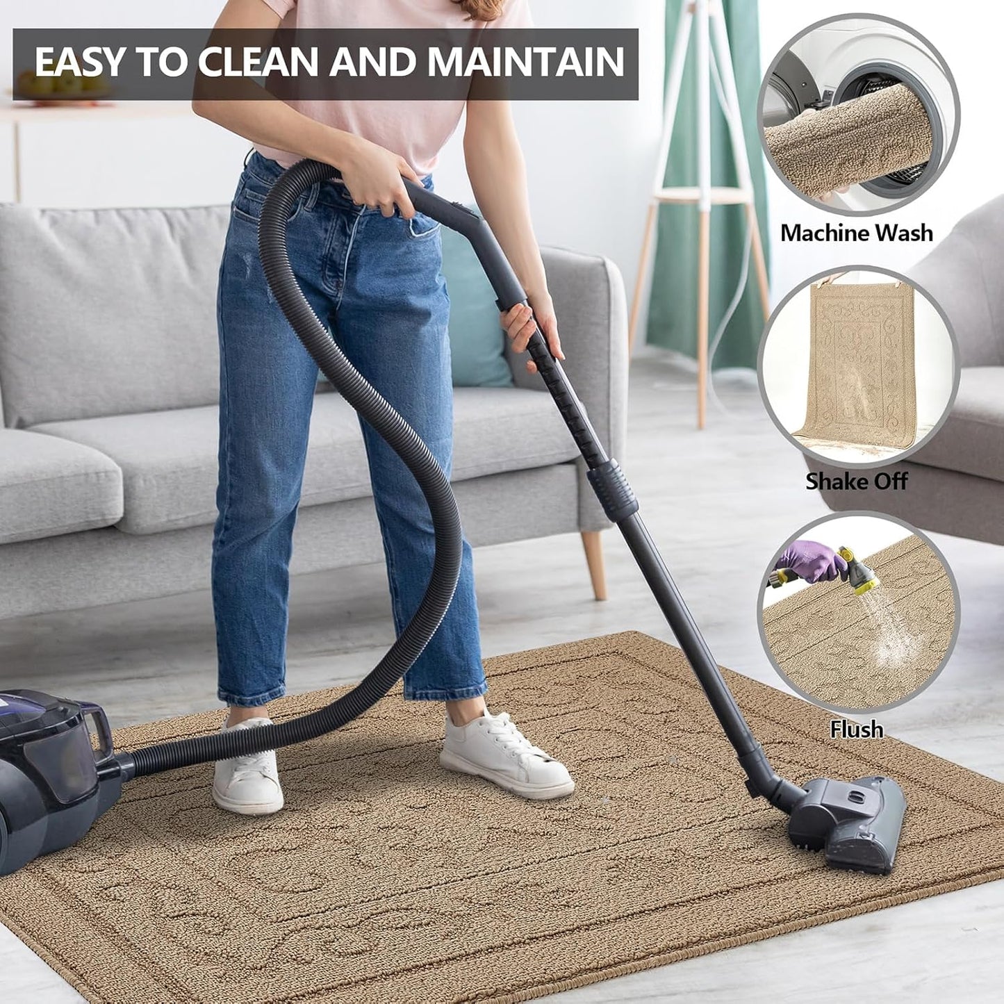 FONEYI Indoor Door Mat 24" x 36", Dirt Trapper Door Mats Non-Slip Entryway Rugs Washable, Absorbent Resist Dirt Welcome Mat, Low Profile Inside Floor Mats for Front Back Door and Entryway, Beige